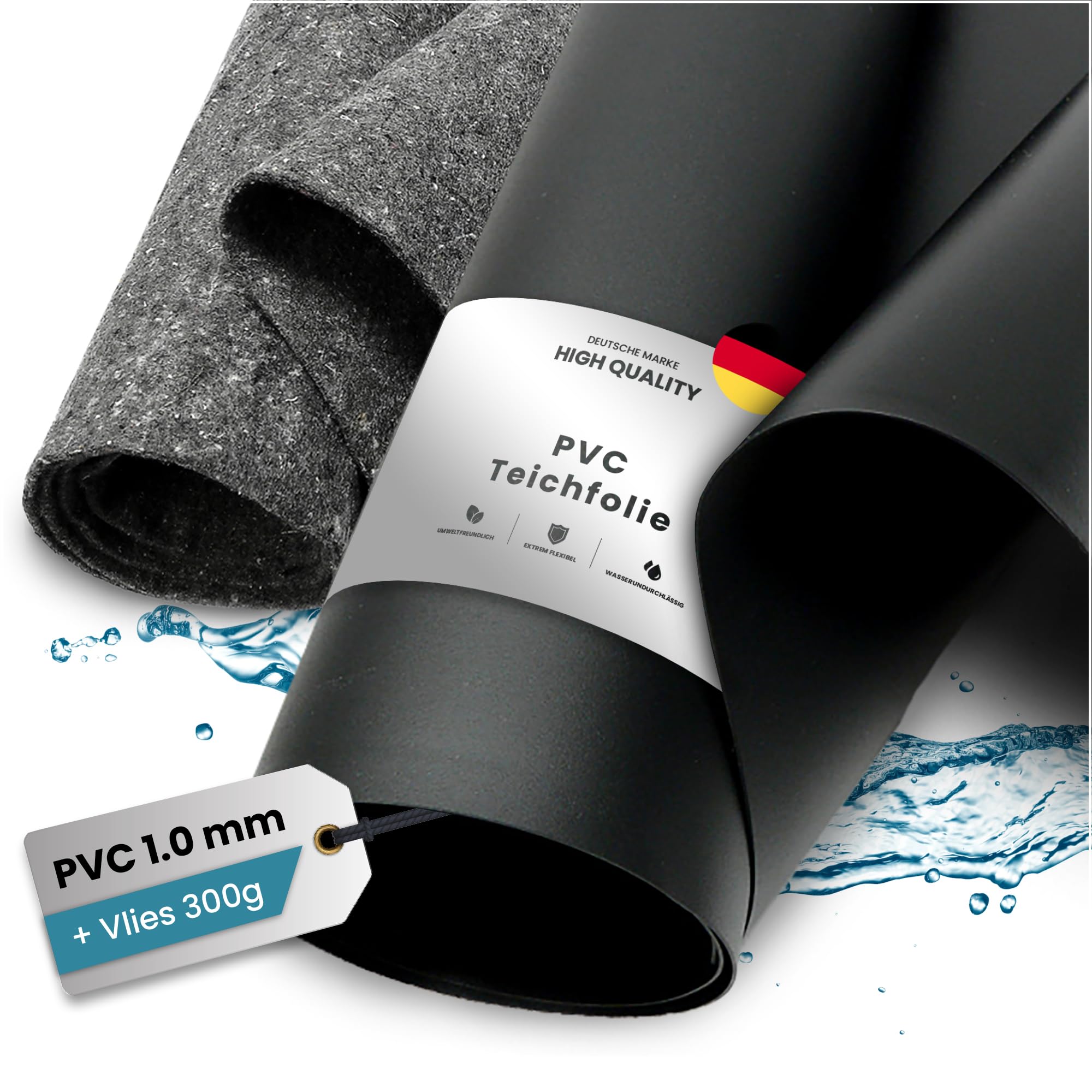 TeichVision PVC Teichfolie 1 mm 2 m x 3 m Teichvlies 300g schwarz grau