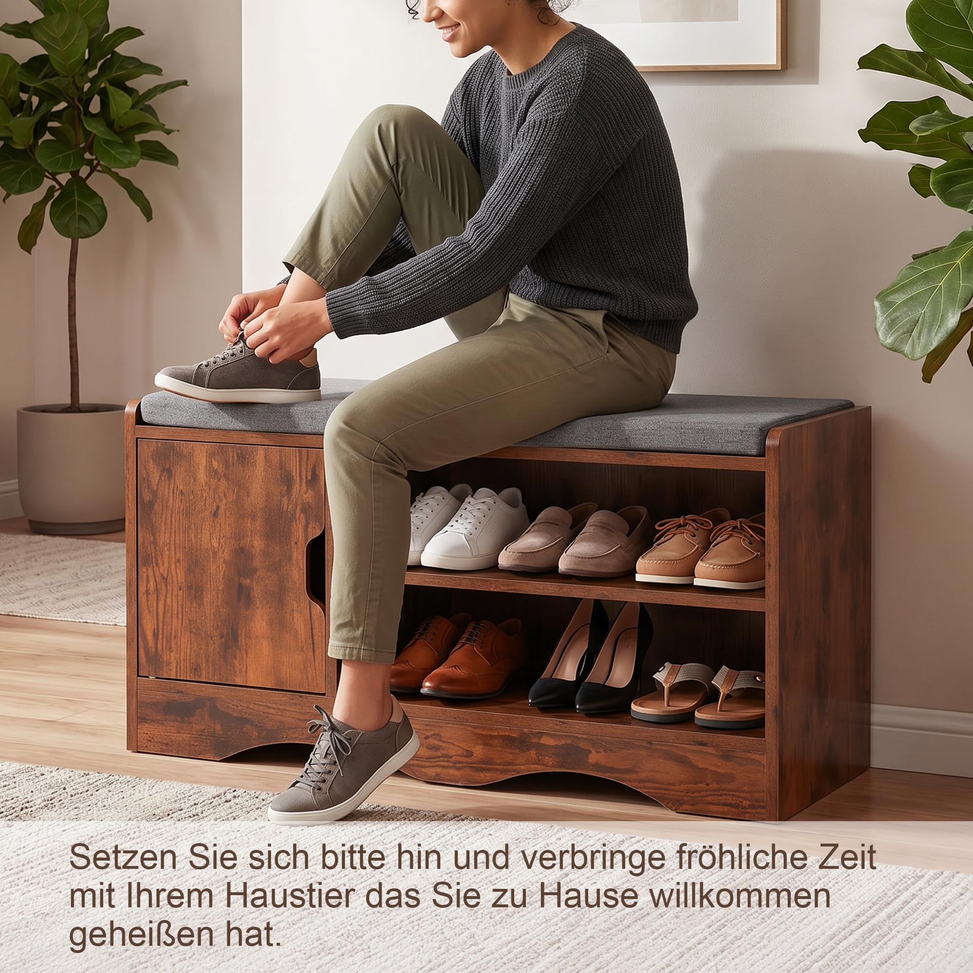 OC Orange-Casual Schuhbank, Schuhregal mit Stauraum&Sitzfläche, Schuhschrank mit 2 offene Fächern&Tür, bis zu 150 kg belastbar, eigenet Sich für Flur, Wohnzimmer, Büro, Braun
