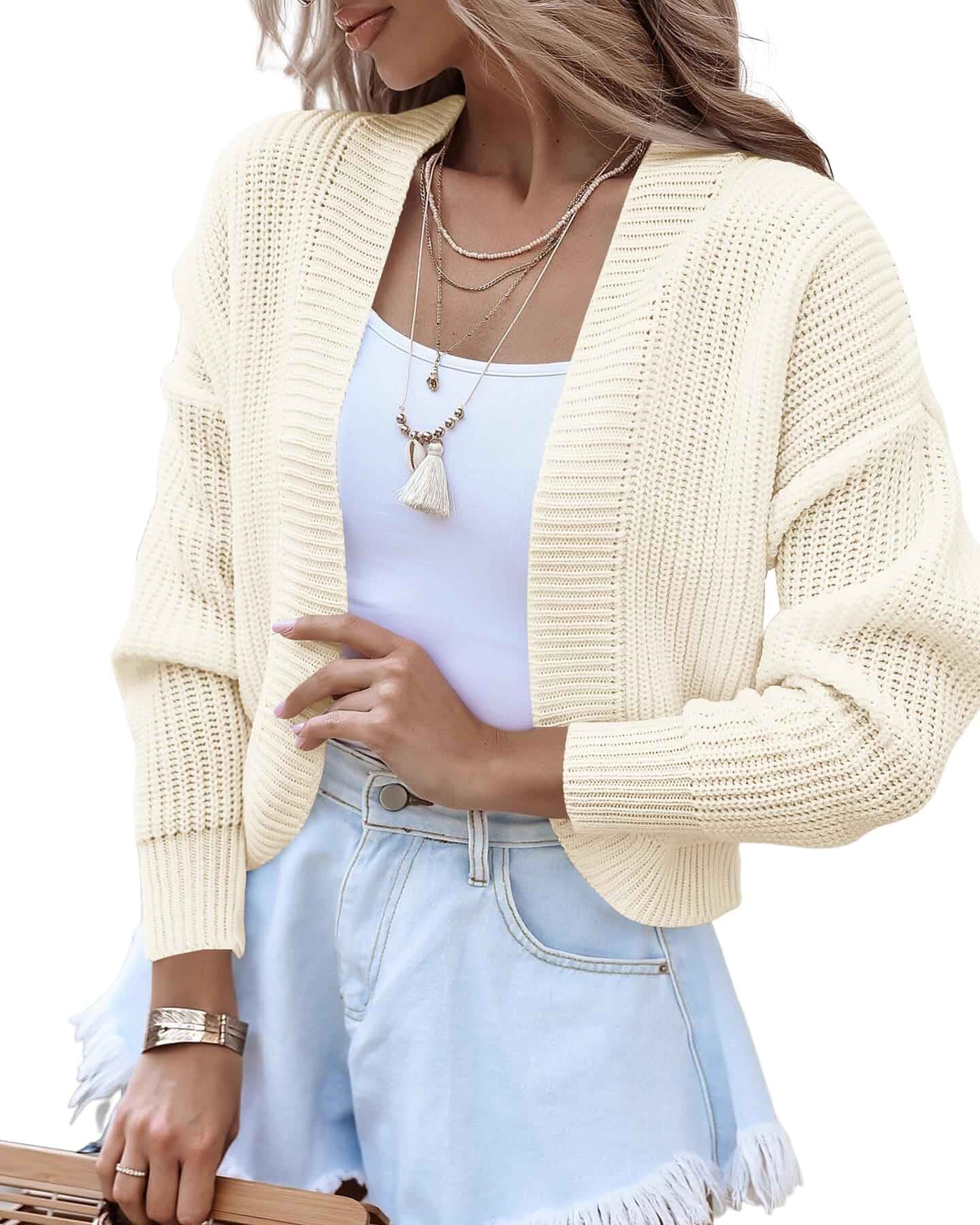 Amarmia Women's Long Sleeve Open Front Knit Cropped Cardigan Sweaters Casual Drop Shoulder Short Shrugs Sweater Coats Adult