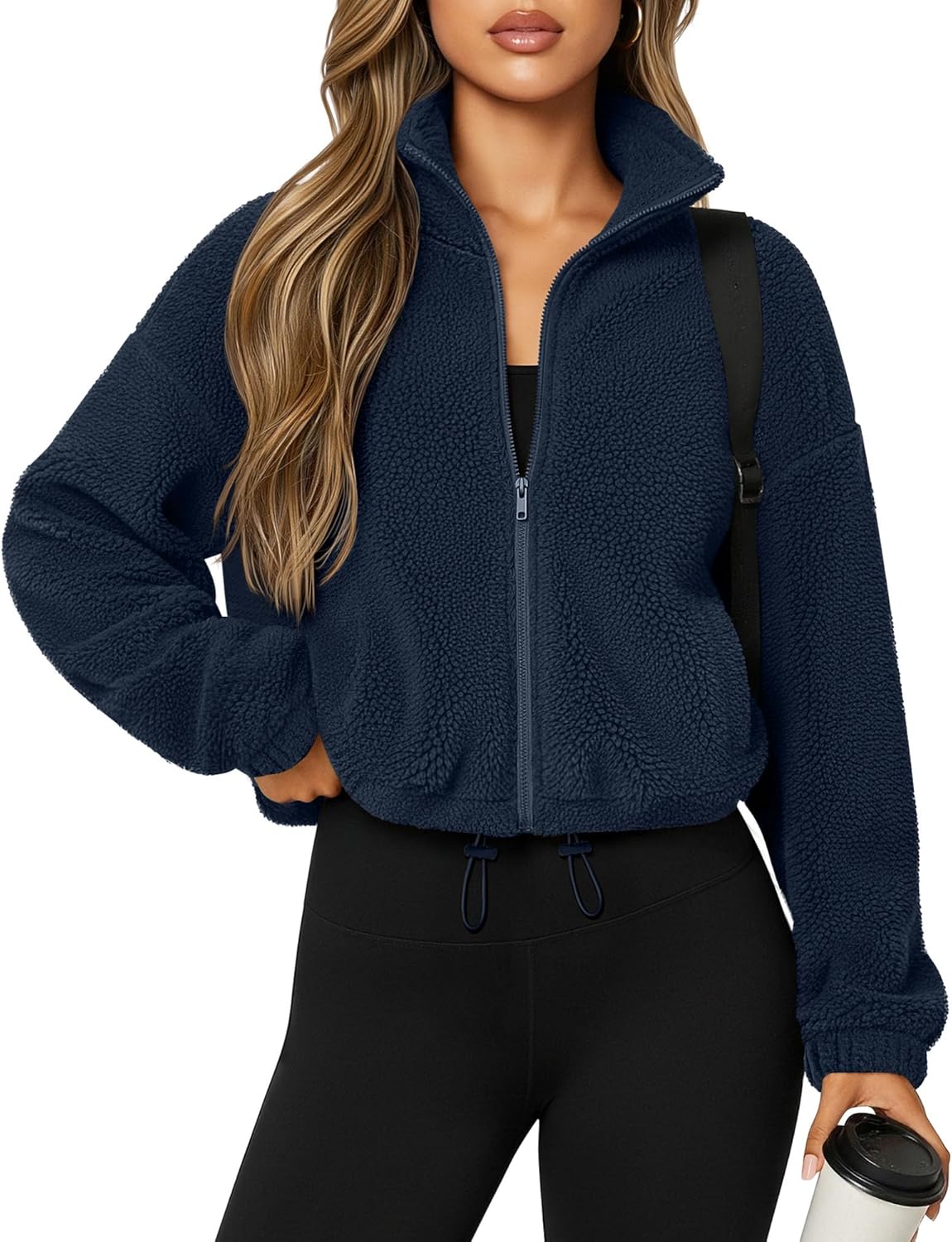 Riyiper Women's Fleece Jacket Cropped Zip Up Lightweight Sweatshirts Stand Collar Winter Sherpa Long Sleeve Coat 2025 Trendy