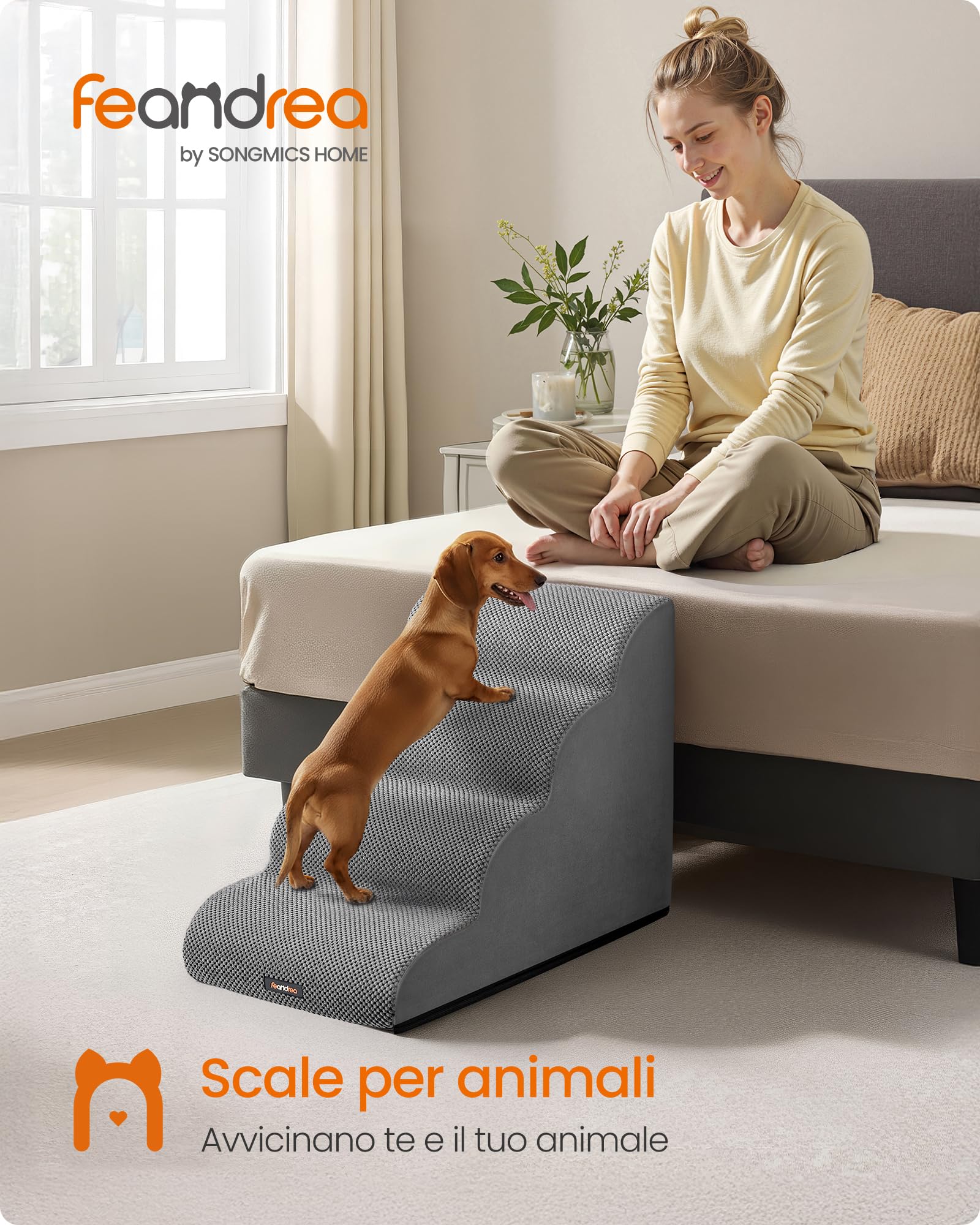 Feandrea Scala a 4 Gradini per Cani, Velluto Goffrato, Pendenza per Letto, Divano, Scaletta per Animali Impermeabile e Antiscivolo, Copertura Sfoderabile e Lavabile, Grigio Tortora PPS014GD01