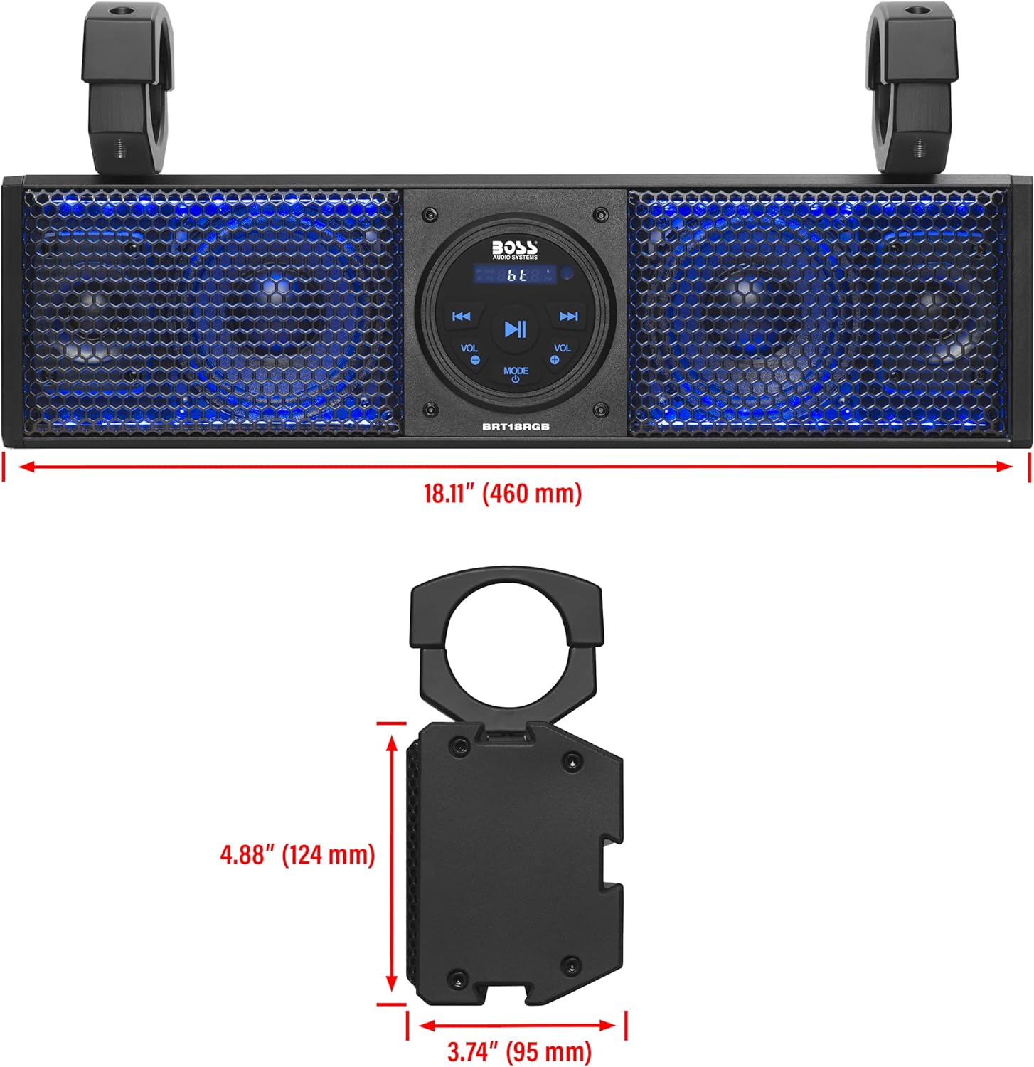 Best Cyber Monday 🔥 BOSS Audio Systems BRT18RGB ATV UTV Sound Bar System - 18 Inches Wide, IPX5 Rated Weatherproof, Bluetooth Audio, Amplified, 4 inch Speakers, 1 Inch Tweeters, USB Port, RGB Multicolor Illumination