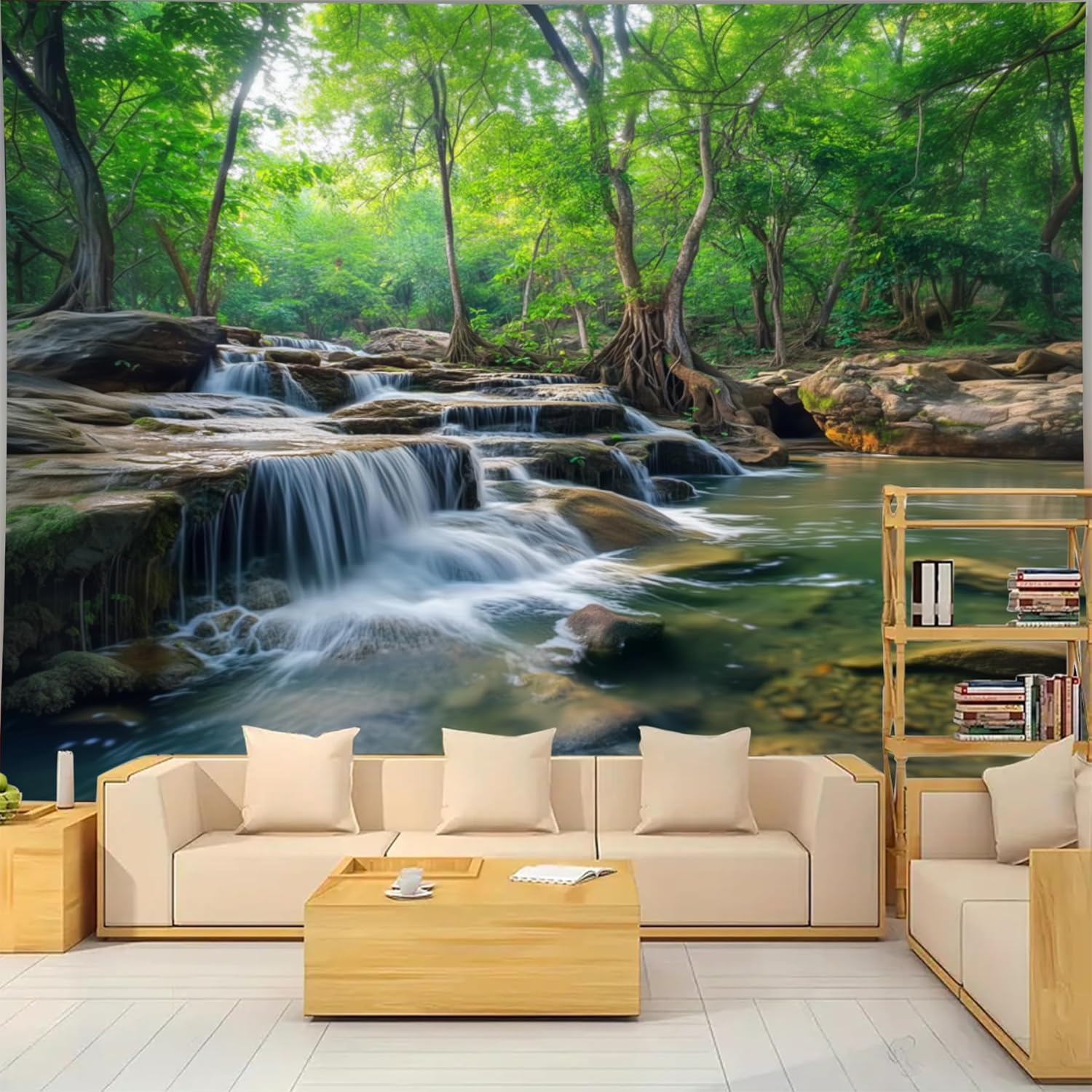 BSFHH Nature Tapestry Forest Tree Sea Cave Wall Hanging, Stream Through Rainforest Landscape Wall Art Tapestry for Bedroom Living room (Creek, 110" × 87", Unframed)