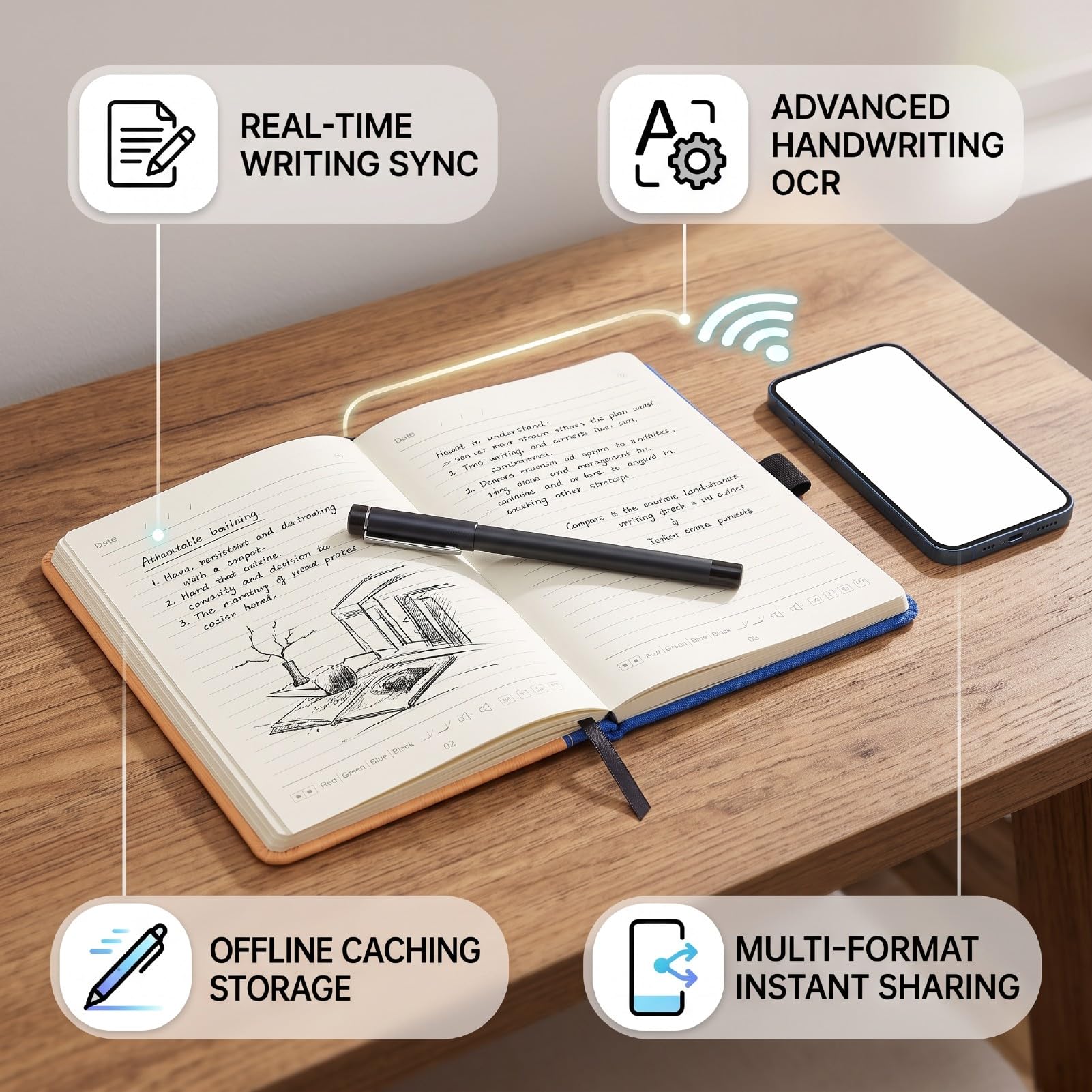 Set di Scrittura Intelligente Penna di Sincronizzazione Digitale OCR Bluetooth per Studenti e Professionisti con Notebook A5 (BLUE)