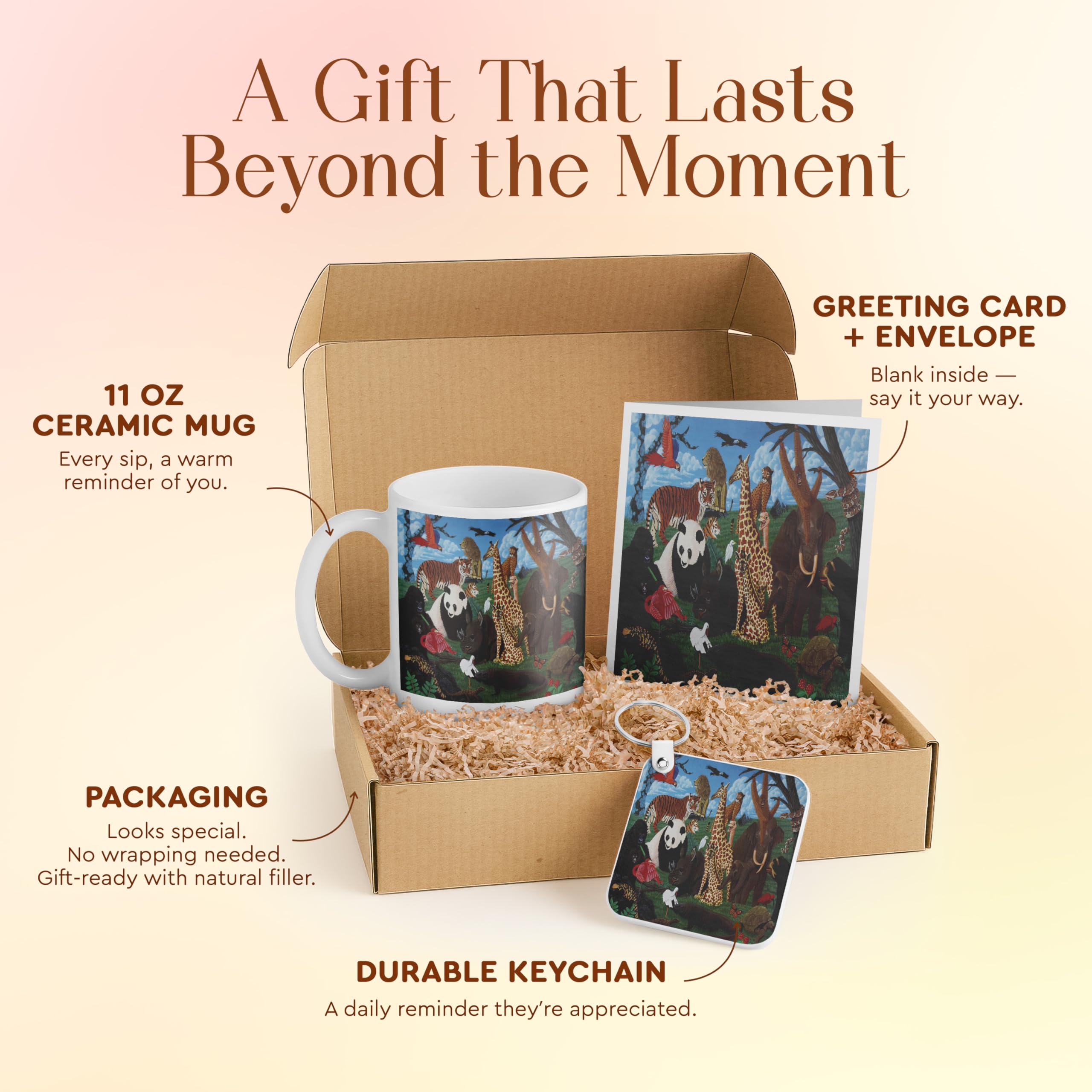 3dRose Animal Lover Gift Set with Mug, Greeting Card, and Keychain – Colorful Jungle Animal Design – Ideal for Kids, Birthdays, and Zoo Enthusiasts