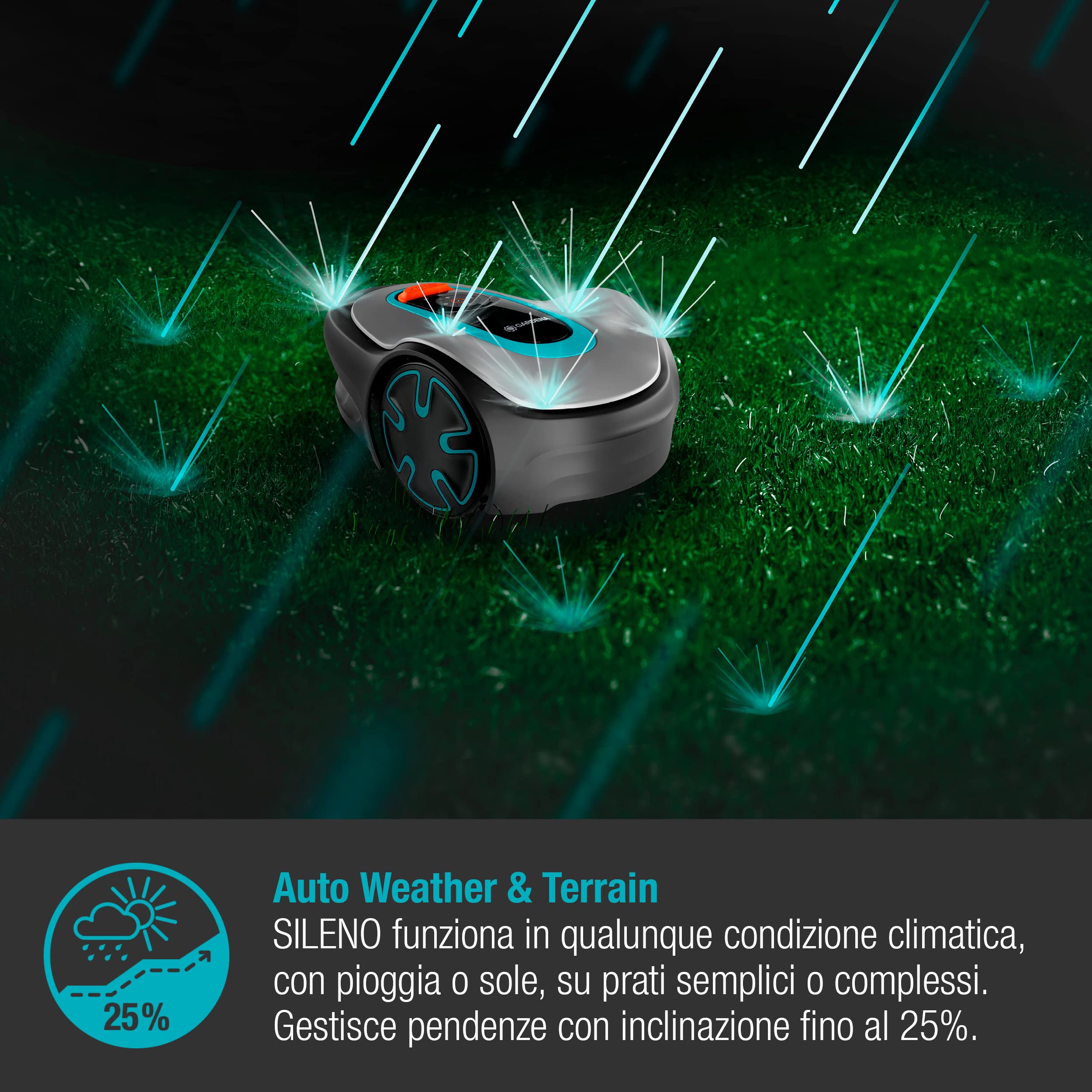 Gardena Robot Rasaerba Sileno Minimo, per Superfici Fino a 500 mq, Pendenza Fino a 25%, Controllo Via App Bluetooth, Altezza di Taglio 20-45 mm, Adatta I Tempi di Taglio Alla Crescita (15202-34)