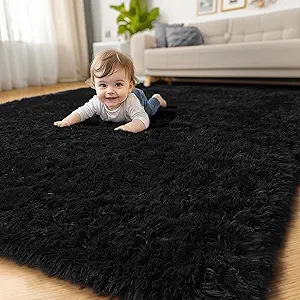 Amdrebio Black Area Rugs for Bedroom, 5x8, Large Fluffy Rug for Living Room Decor, Modern Cool Rugs for Kids, Boys, Men, Furry Shaggy Carpets for Classroom, Fuzzy Plush Gothic Carpet for Home Office