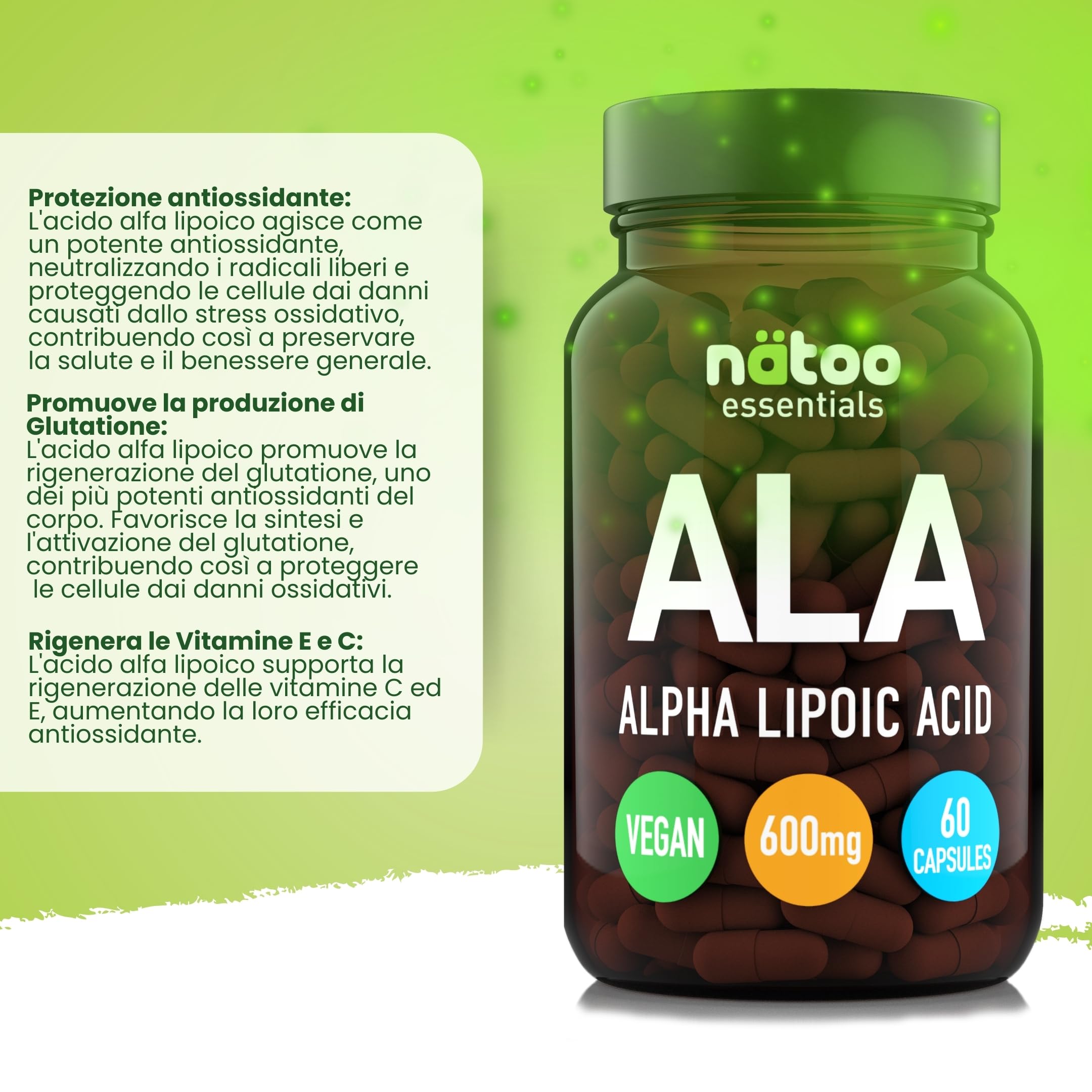 NÄTOO Acido Alfa Lipoico 600 mg, 60 Capsule ad Alto Dosaggio (2 mesi di integrazione), Acido Lipoico Potente Antiossidante contrasta i Radicali Liberi, Integratore di Acido Alfa-Lipoico Vegan