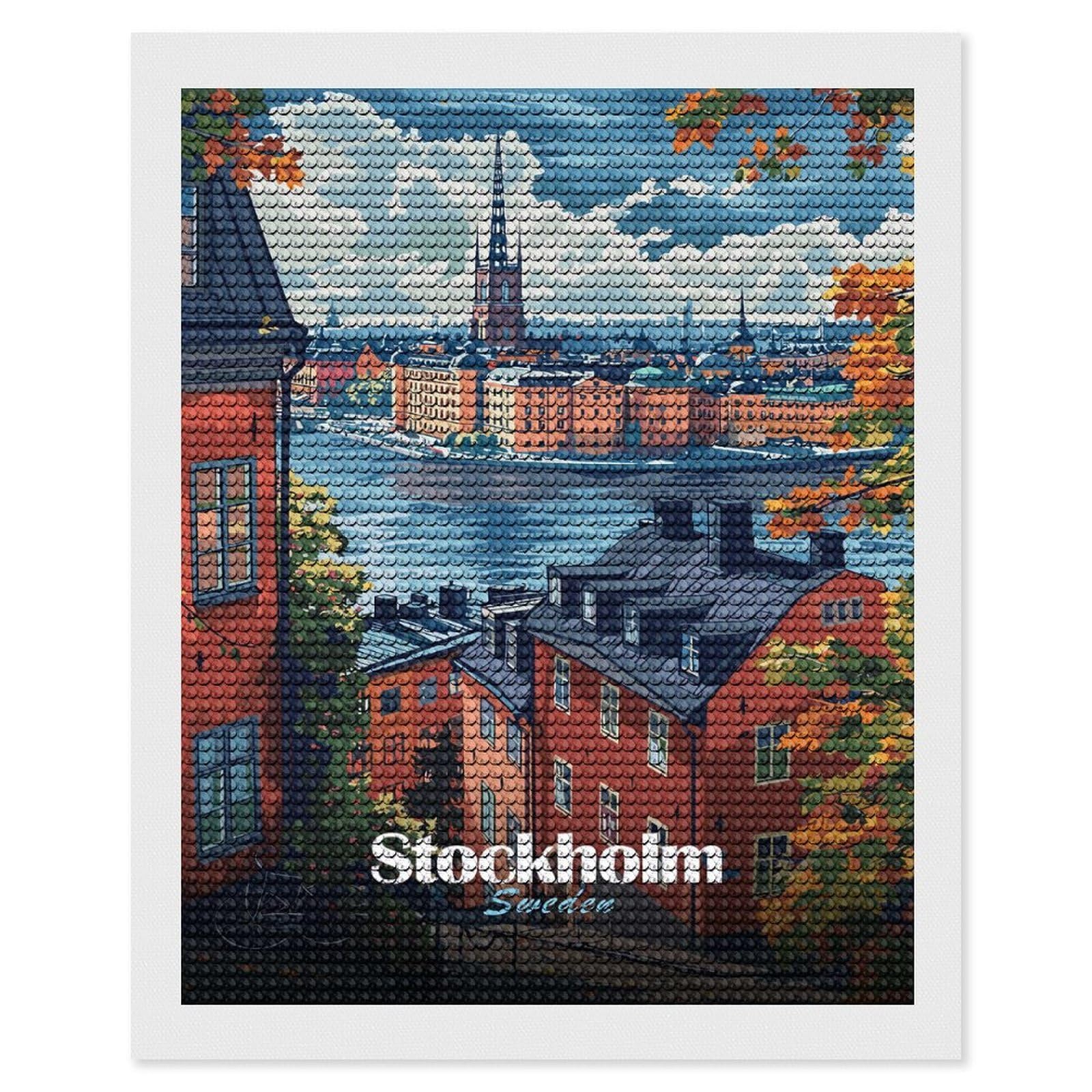 Junmoney Stockholm Cityscape Diamond Art Kit 16"x20", Modern Decor, for Adults, Printed Canvas, Holiday Gift Idea, Fun Craft Experience