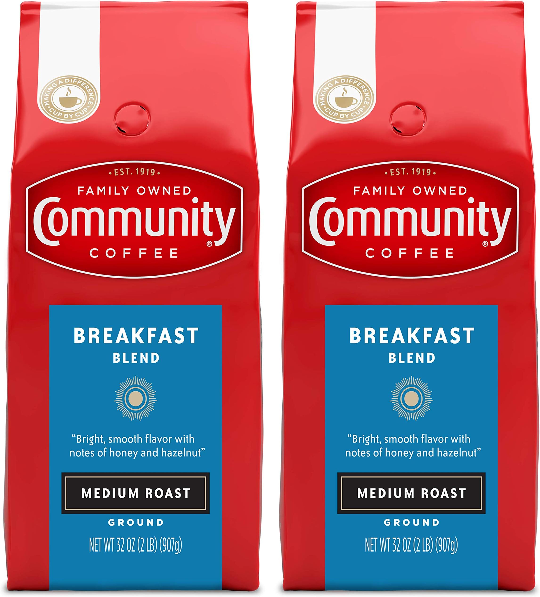Community Coffee Breakfast Blend Medium Roast Premium Ground 32 Oz Bag (2 Pack), Medium Full Body Smooth Bright Taste, 100% Select Arabica Coffee Beans