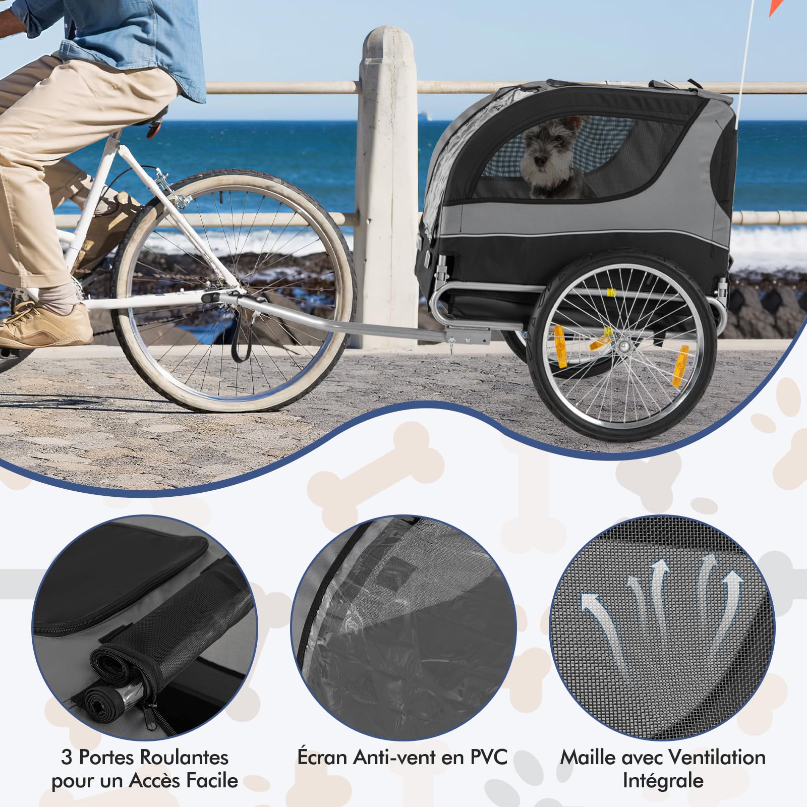 GOPLUS Remorque de Vélo pour Chien, Chariot pour Chien avec Drapeau de Sécurité, 8 Réflecteurs, Cadre Pliable, Roues à Dégagement Rapide, Convient aux Animaux, Charge Max. 40 kg (Gris)