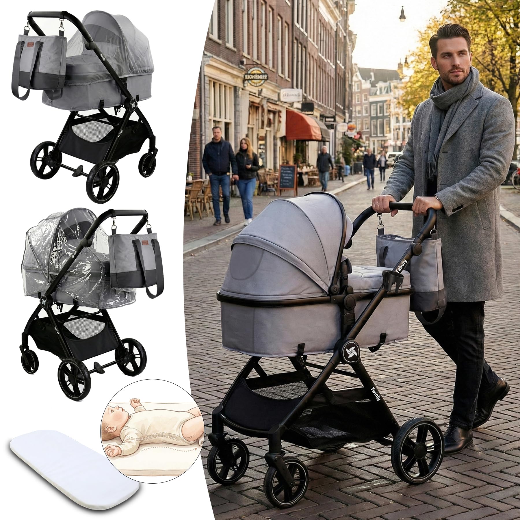 Twinly Carrito de Bebe 3 en 1 – Carro Bebe 3 Piezas Convertible con Grupo 0 (i-Size), Capazo y Silla de Paseo – FABULY – Plegable y Ligero con Bolso, Plástico Lluvia y saco – (Gris)