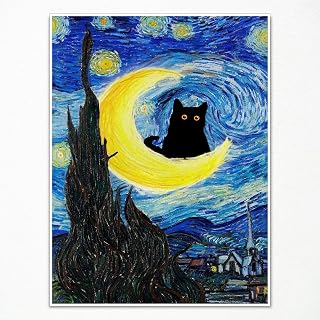 Van Gogh The Starry Night Cat Canvas Wall Art Famous Oil Paintings Black Cat Poster Funny Cat Floral Print Colorful Abstract Farmhouse Gallery Aesthetic Room Wall Decor for Bedroom 12x16in Unframed