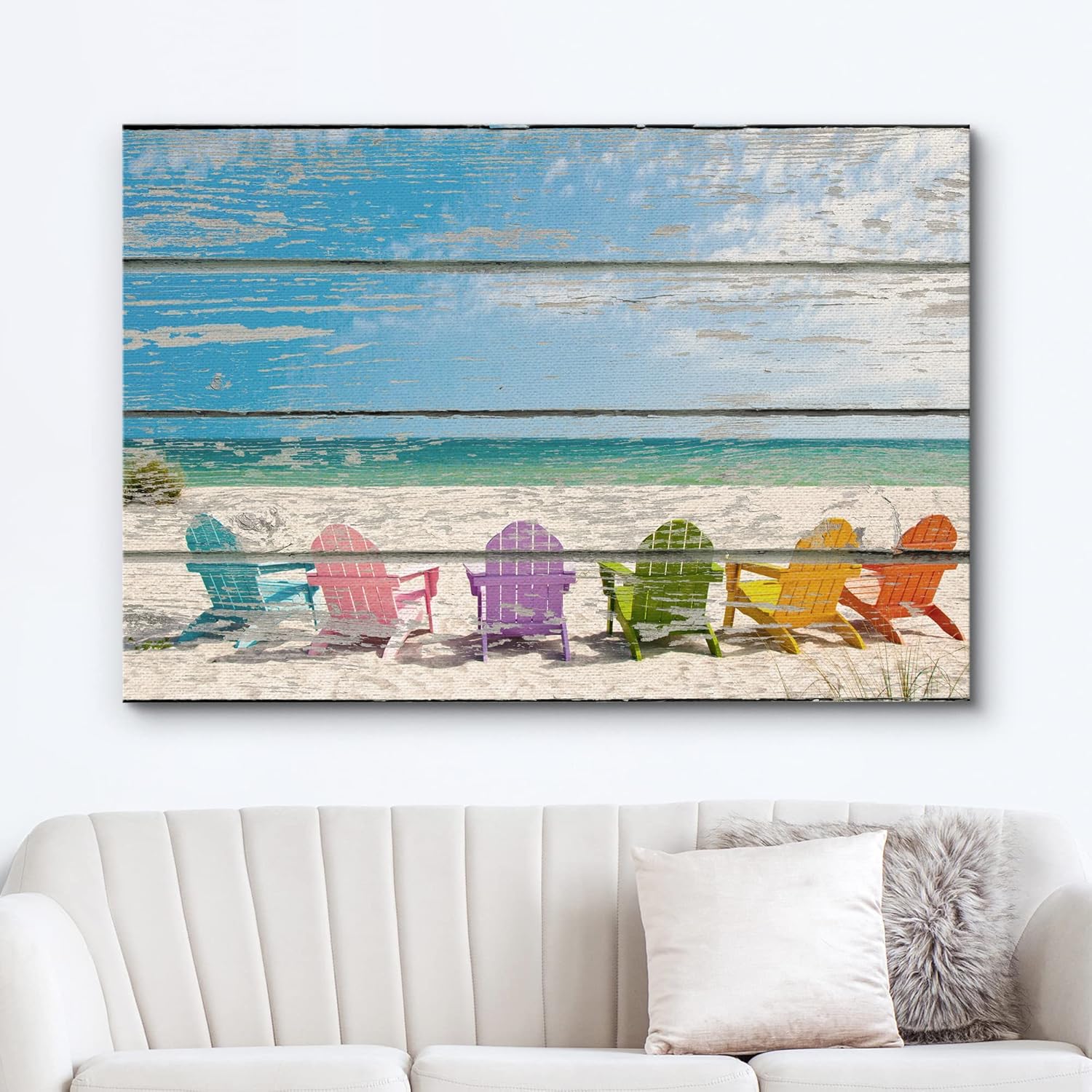 wall26 Canvas Print Wall Art Rainbow Beach Chairs on The Beach Nature Ocean Wood Panels Photography Nautical Scenic Colorful Multicolor Cool Zen for Living Room, Bedroom, Office - 12"x18"