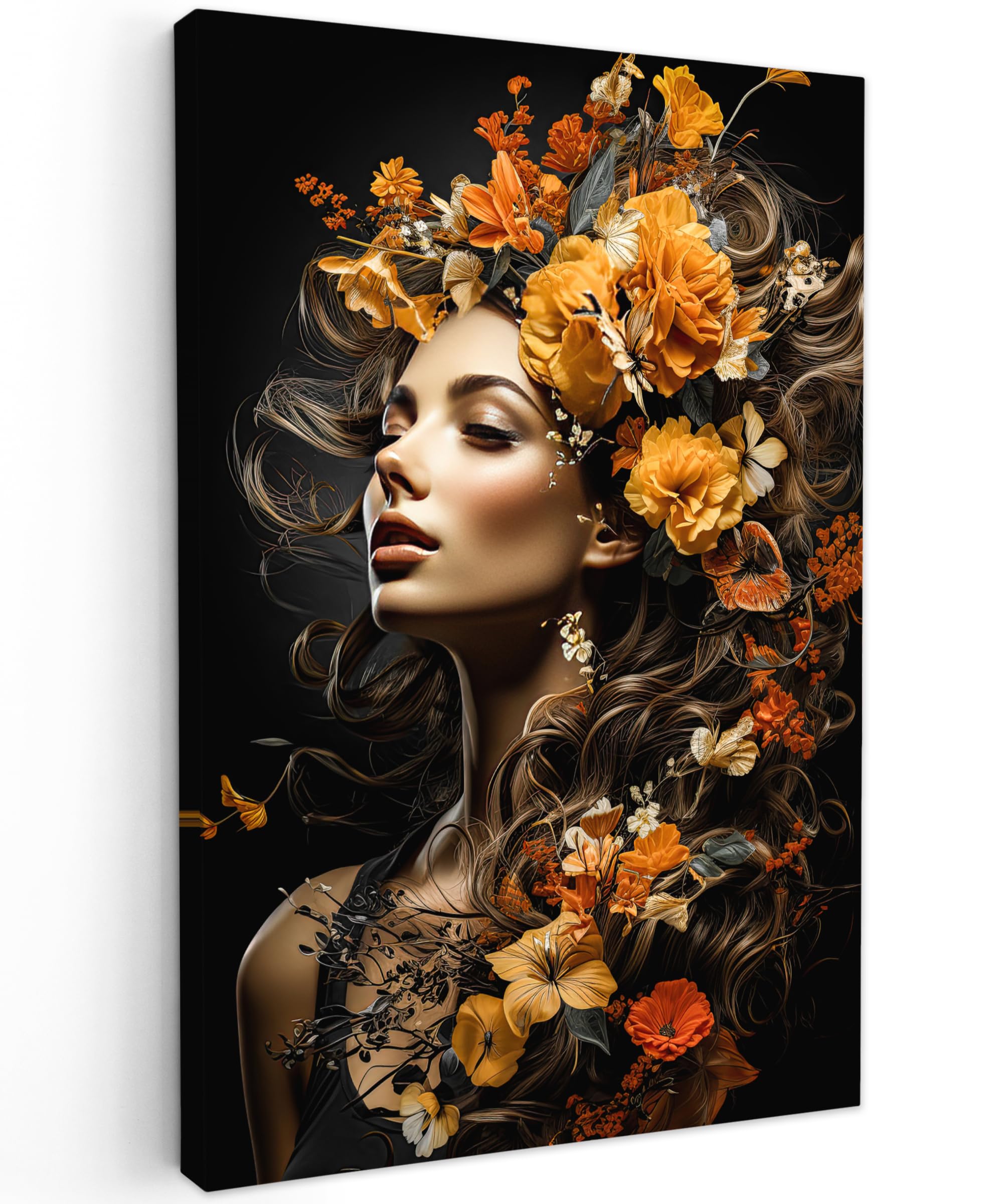 MuchoWow© Canvas Wall Art 16"x24" / 40x60 cm Decor Prints for Living Room Decorative Canvases Hall Artwork Woman - Portrait - Flowers - Colorful