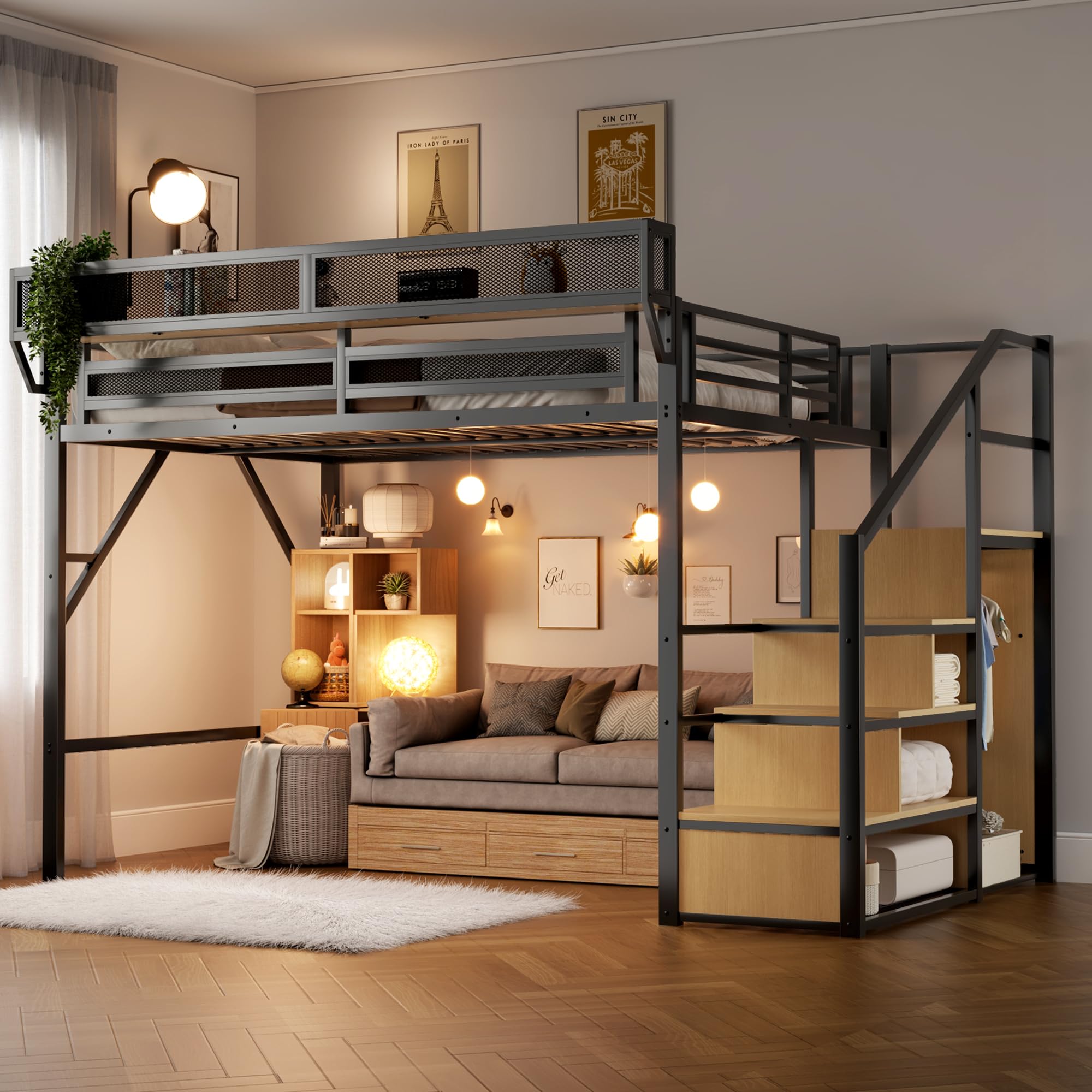 Queen Size Loft Bed with Stairs and Storage, Metal Loft Bed Frame with Bedside Shelf and Large Under-Bed Space, Heavy-Duty Bed for Adults Teens and Kids, Convertible Staircase, Black