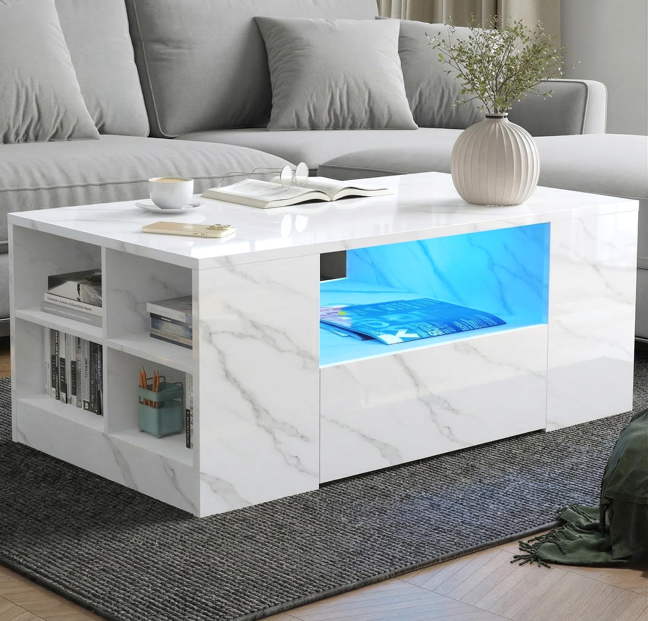 Blisswood High Gloss Coffee Table with Storage, Coffee Tables Wooden Centre Tea Table with Led RGB Lights 2 Drawer Storage and Open Shelf Rectangle Coffee End Table For Home Office Furniture