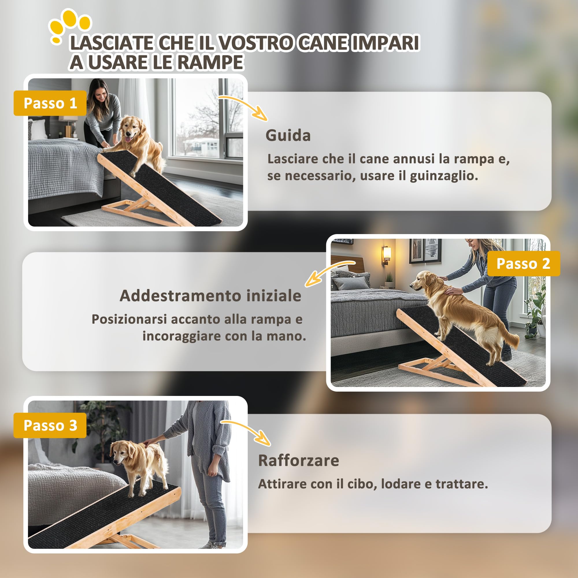 PawHut Rampa per Cane, Scaletta per Cani, Rampa per Gatti e Animali Domestici Fino 75kg Pieghevole Antiscivolo e Regolabile