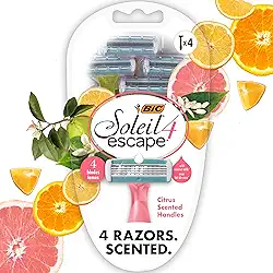 BIC Soleil Escape Lâminas de barbear femininas perfumadas, 4 lâminas, barbear confortável, lâminas de barbear com aroma cítrico para mulheres, 4 unidades