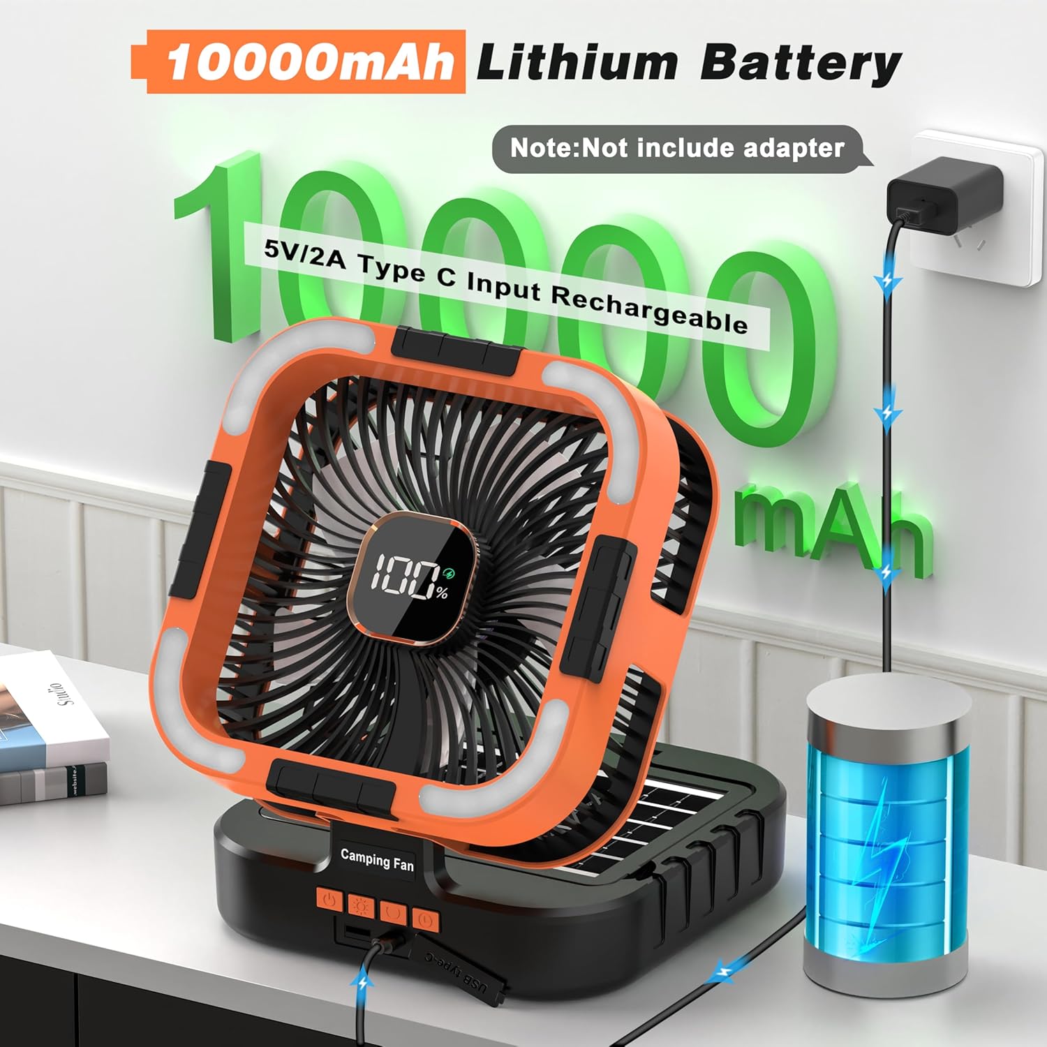 Sunoony Camping Fan being charged via USB Type-C cable.