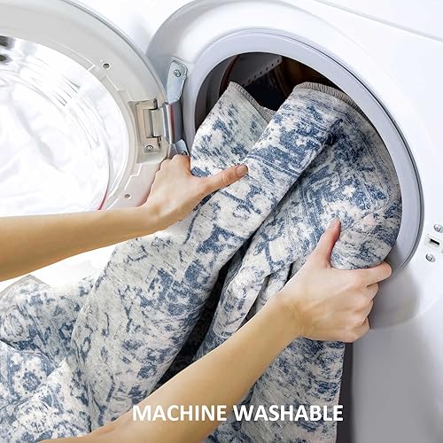 Miniatura 5 de Alfombra de área de 8 x 10 pies, medallón oriental, envejecida, lavable, antideslizante, grande, para dormitorio, sala de estar, color cremaazul