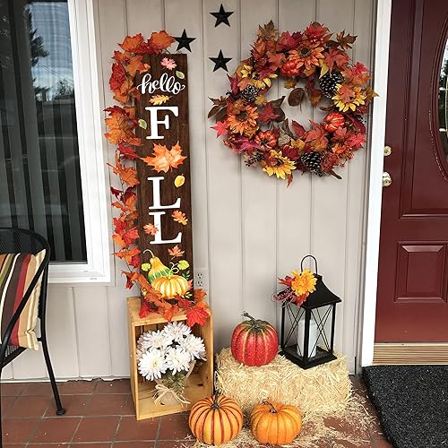Miniatura 5 de Letrero de bienvenida con texto en inglés Hello Fall para porche delantero, letrero de madera para porche con hojas para decoración de puerta