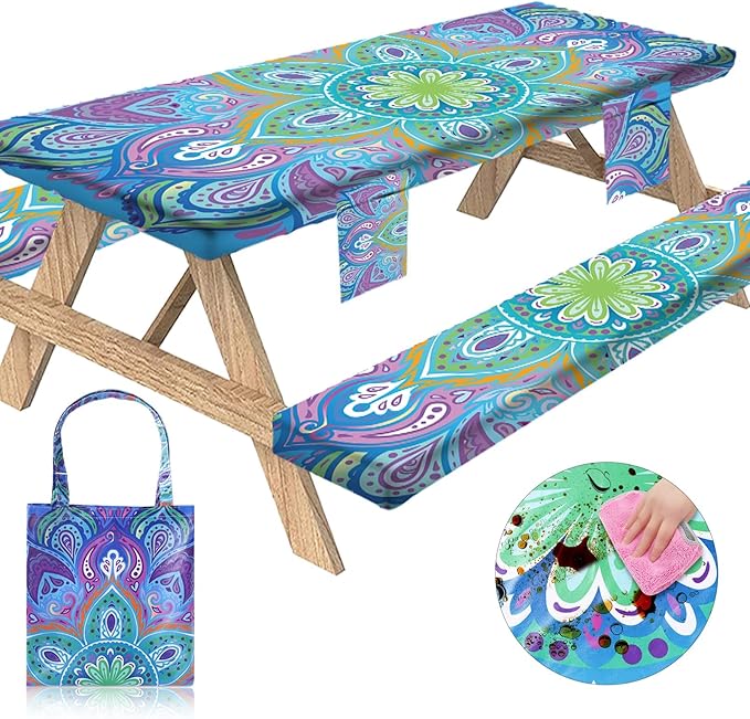 Sotue Picnic Table Cover with Bench Covers Camping Essentials Tablecloth with