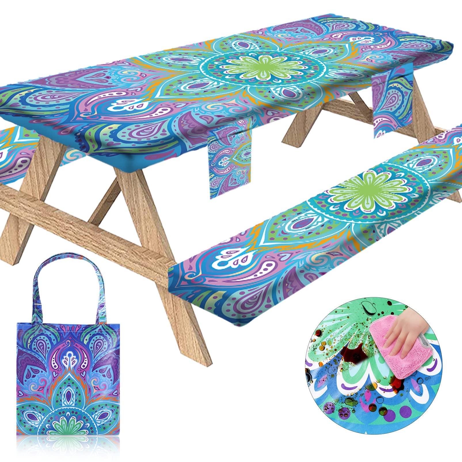 Picnic Table Cover with Bench Covers Camping Essentials Tablecloth with Elastic 72x30 Inch Fitted Rectangle 6 ft Table Cloth Travel Accessories RV Gear Must Haves Camper Gifts for Outdoor