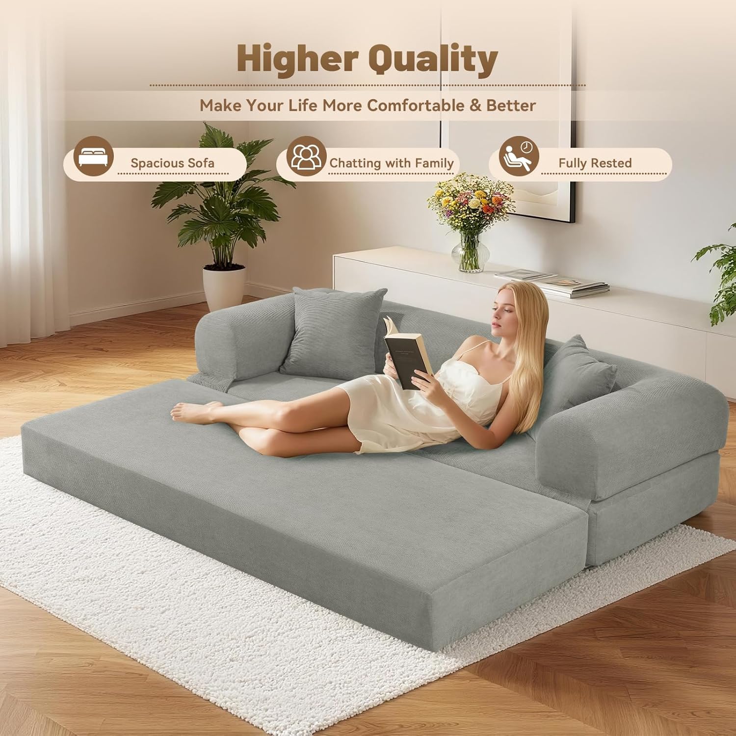 80 Inch Convertible Sofa Bed,Folding Pull Out Couch with Pillows & Storage Pocket,Corduroy Queen Sleeper Sofa in a Box,No Assembly Boneless Couch for Living Room,Light Gray