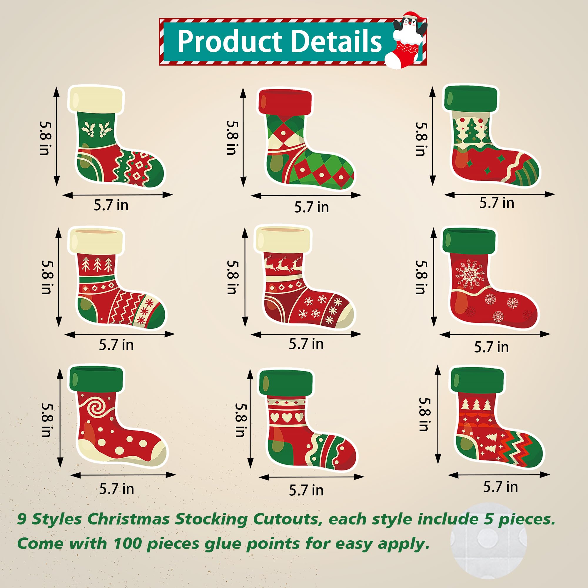 45-Piece Christmas Stocking Cutouts With Glue Points - Glitter Red & Silver Bulletin Board Decor