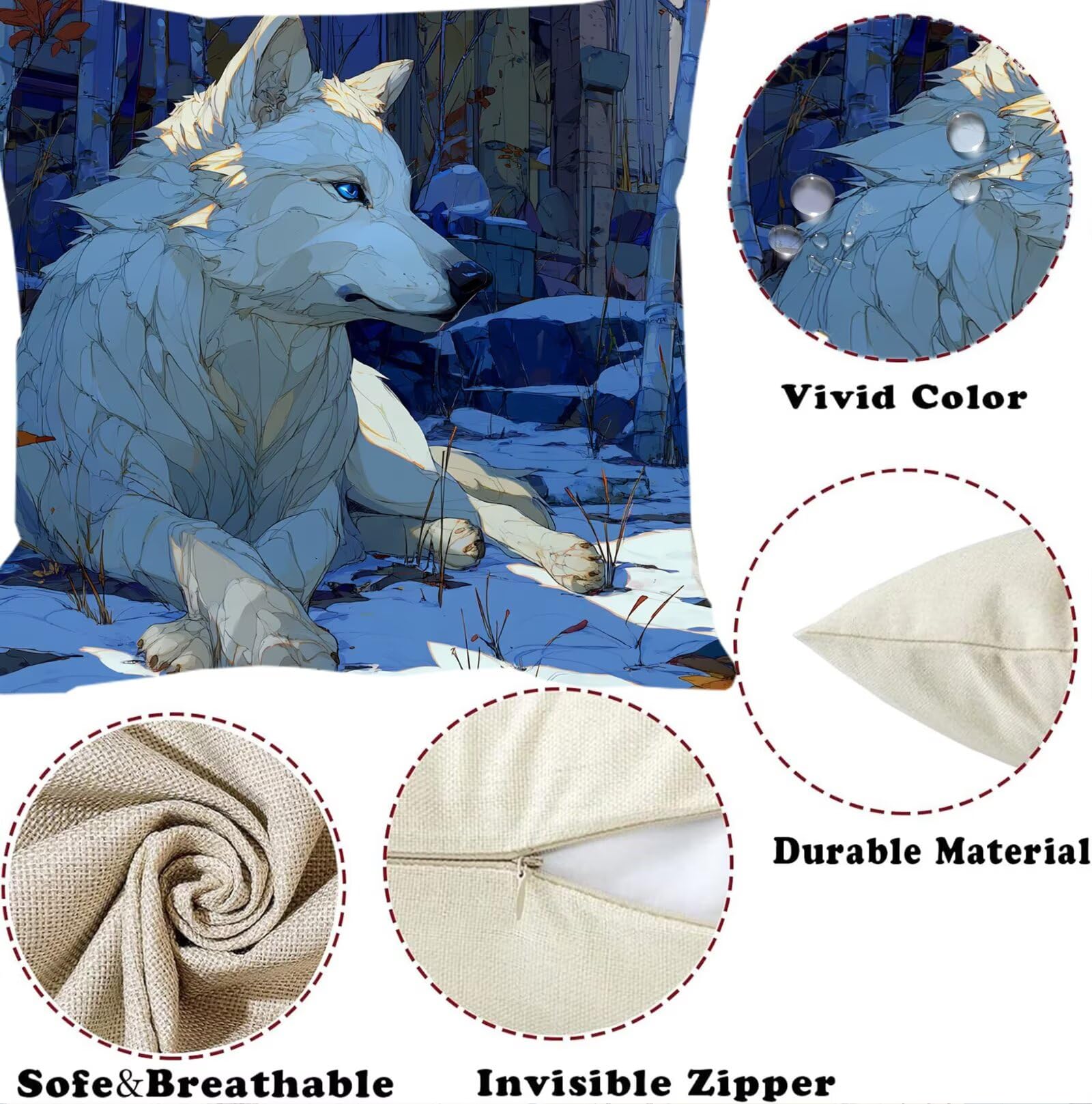 Housse Coussin 60x60 Lin Tissu Imperméable Extérieur, Lot de 4 Housse de Coussin Decoratif Canape Blanc Salon de Jardin Exterieur Coussin Canape pour Canapé Printemps Loup Décoration Art F0P-477