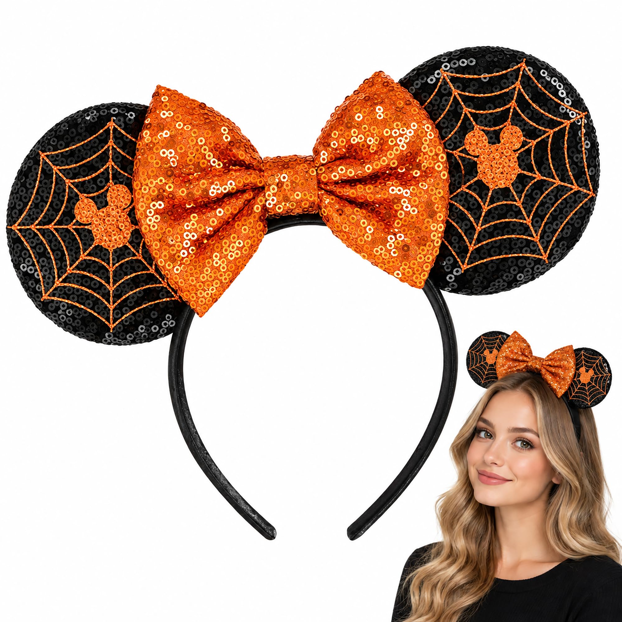 CHEERYMAGIC Halloween Headband, Mouse Ears Headband, Shiny Sequin Bow Headband Glitter Spider Web Hair Hoop for Women Birthday Halloween Party Decoration Gifts Accessories A21-ZZWMQFG — image 1