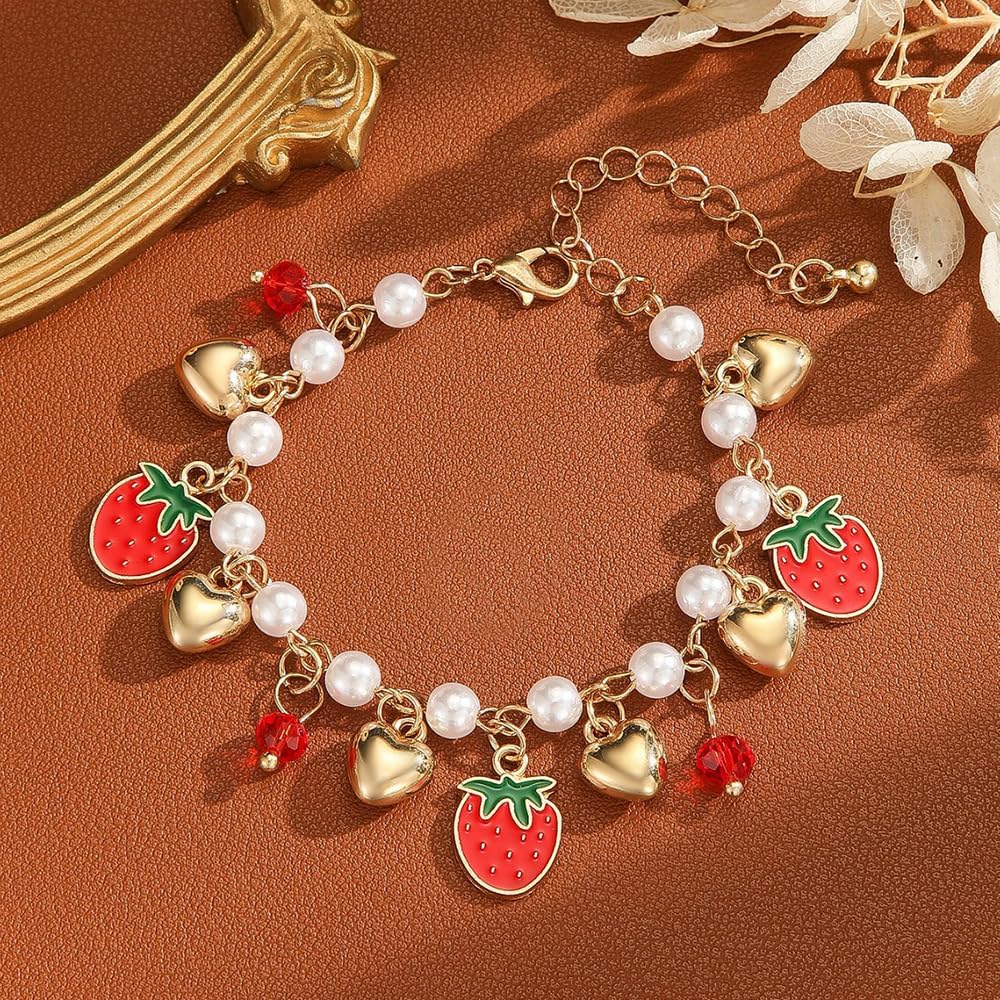 NIQIPOK Strawberry Cherry Jewelry Set 3D Simulation Strawberry Cherry Earrings Halloween Strawberry Cherry Necklace Bracelet Set Red Cherry Earring Fruit Charm Halloween Accessories - Image 6