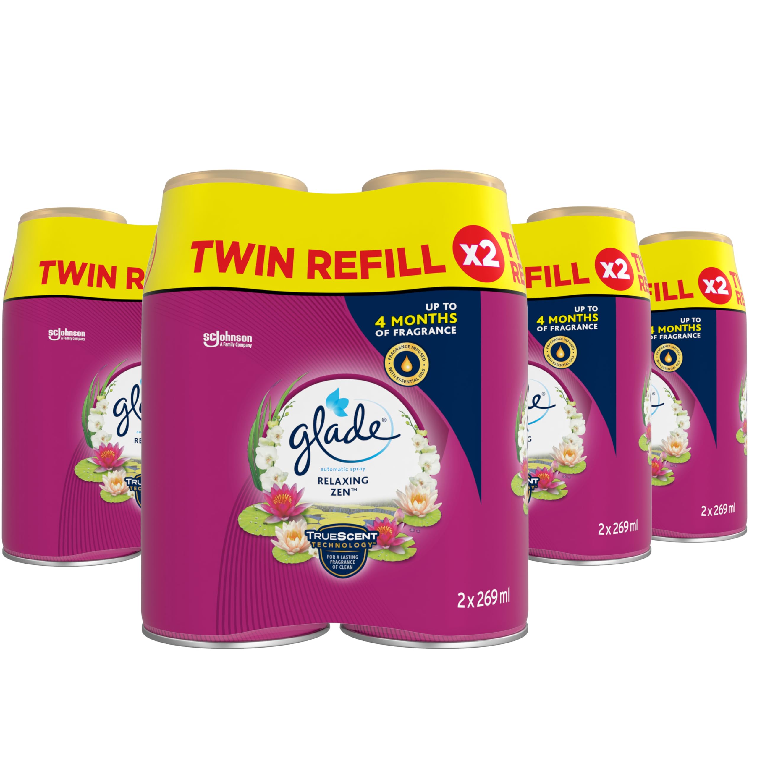 Glade Automatic Air Freshener Refills, Room Spray & Odour Eliminator, Relaxing Zen, Pack of 4 Duos (8 Refills x 269ml)