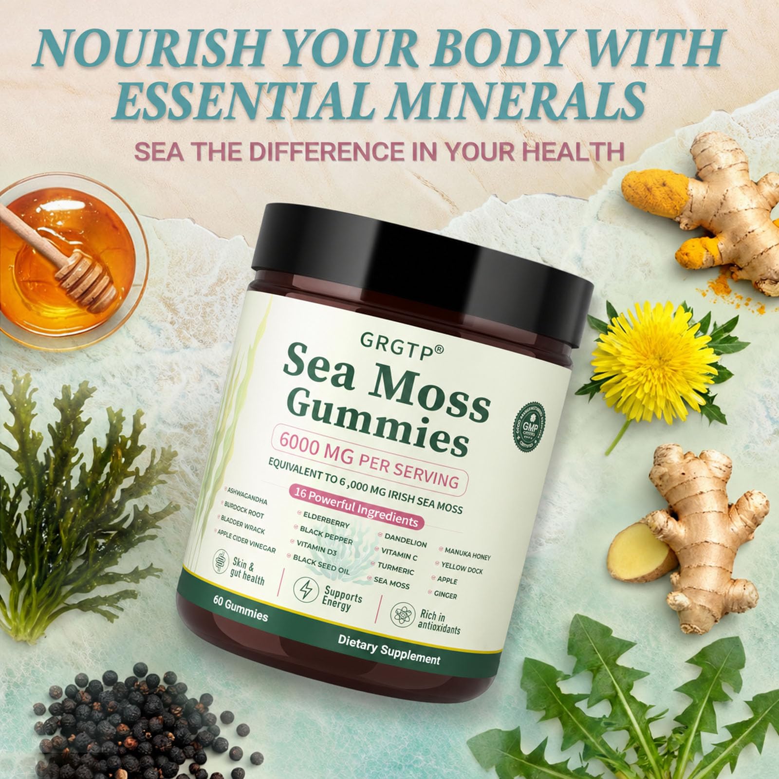 Sea Moss Gummies 16-in-1 - Ashwagandha Black Seed Oil Bladder Wrack Turmeric Vitamin C & D3 with Manuka Burdock Root Dandelion Yellow Dock Natural Detox & Liver Health Immune Support, Energy Boost — Amazon image 4