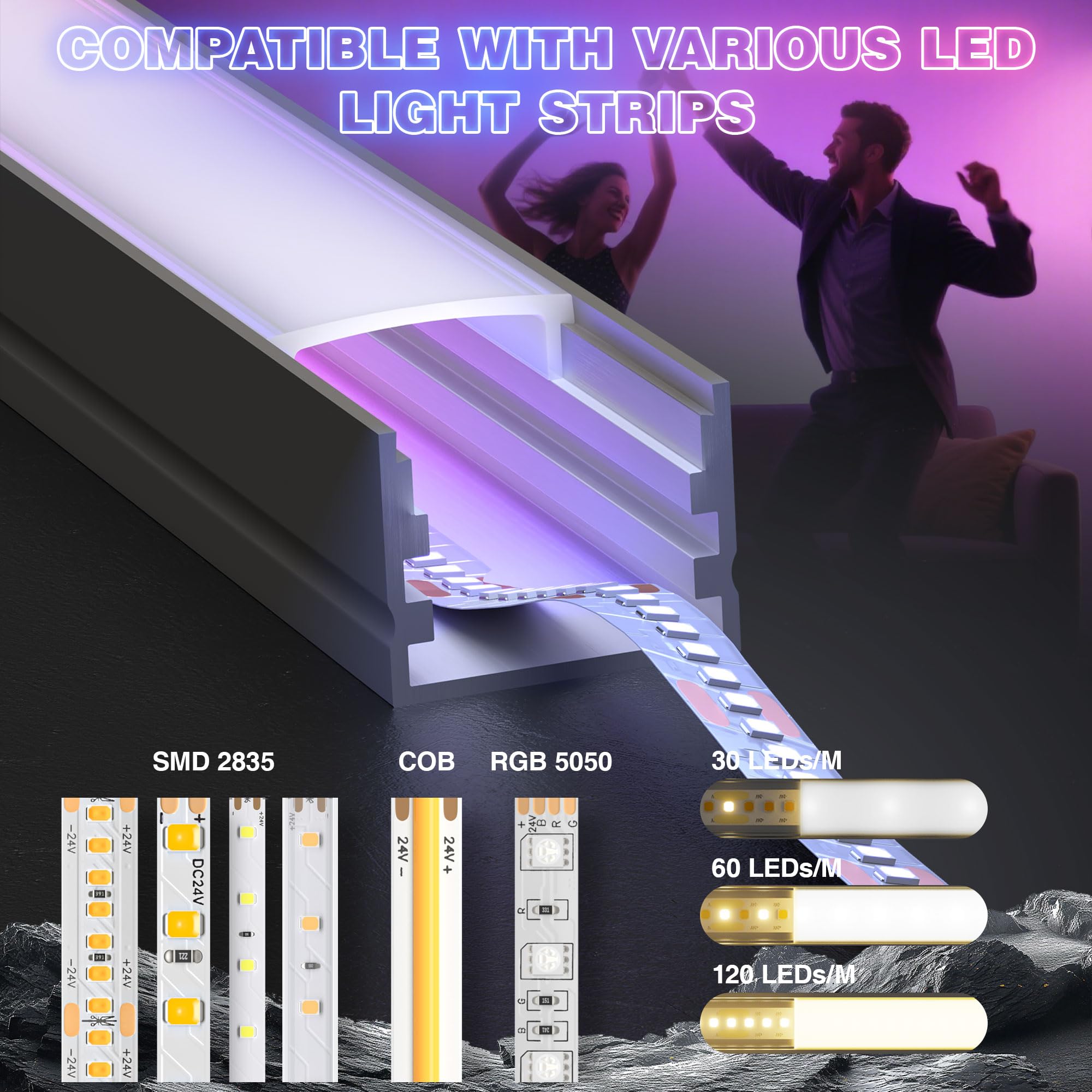 Profilo LED in alluminio, 2 m × 6 pezzi, 20 × 15 mm, per strisce fino a 15 mm, copertura diffusore per profili in alluminio, profilo in alluminio, 2 metri