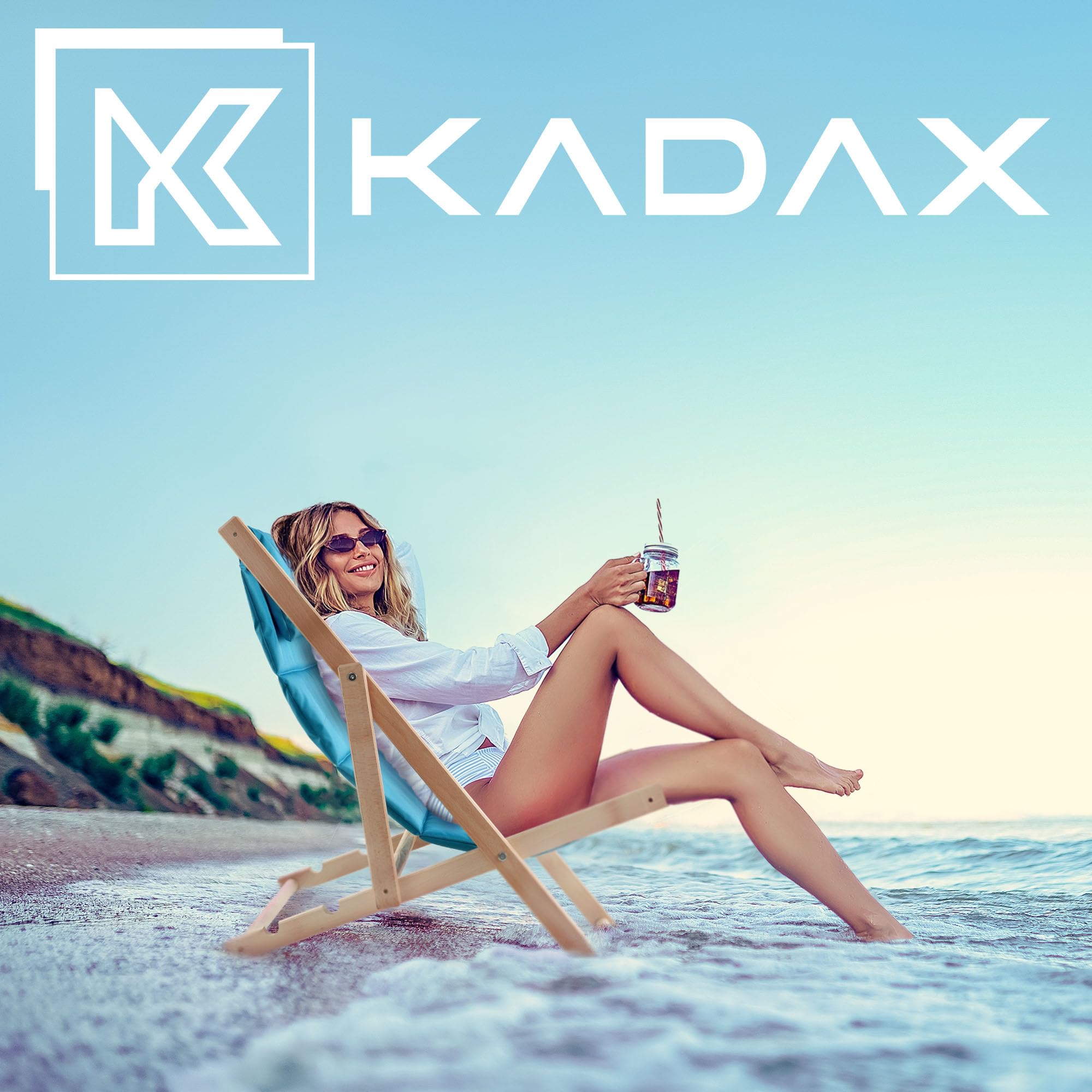 KADAX Sedia a sdraio, in legno, fino a 120 kg, sedia a sdraio in legno di faggio, sedie pieghevoli in legno, sdraio pieghevole per spiaggia, sedia a sdraio in legno (con poggiatesta, blu)