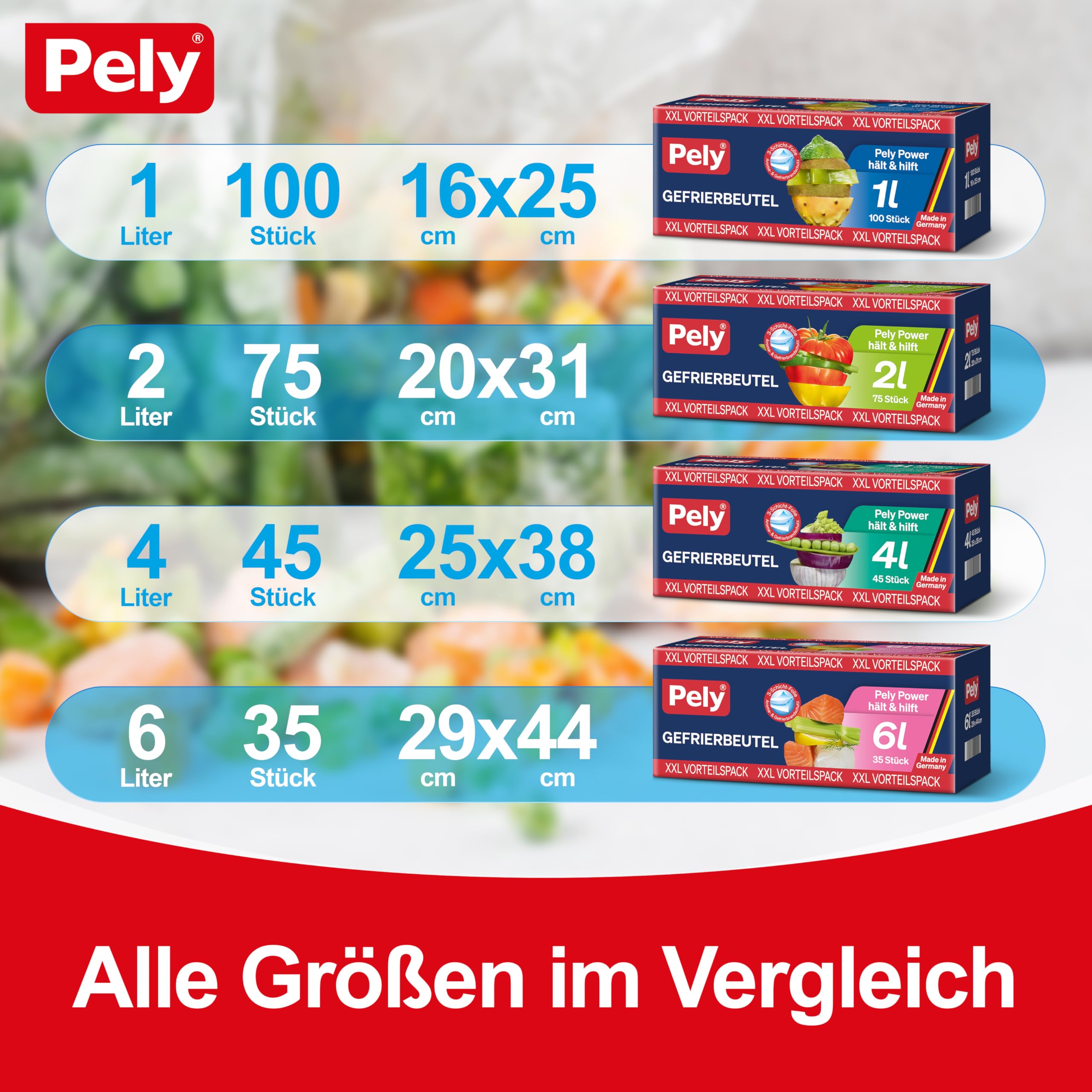 pely 8674 - Sacchetti per congelatore, 4 l, 45 sacchetti, confezione risparmio (4 litri)