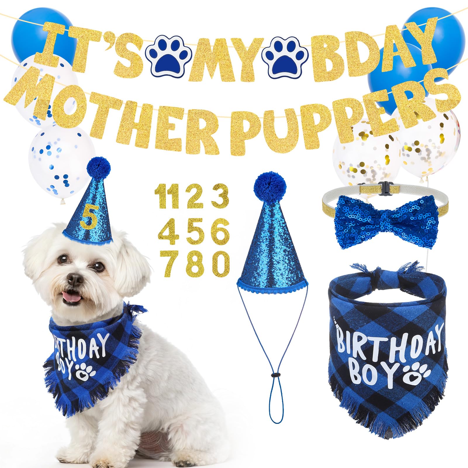 SCENEREAL Dog Birthday Party Supplies, Dog Birthday Bandana Hat Bow Tie Collar Set with Birthday Numbers, Pet Birthday Scarf Accessories Outfit