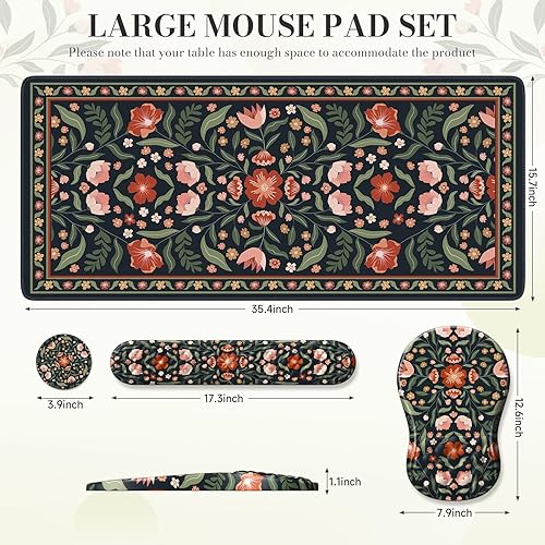 Miniatura 2 de Juego de alfombrillas para mouse y teclado, almohadilla de muñeca de escritorio floral, cómodo reposamuñecas para teclado y posavasos, accesorios de