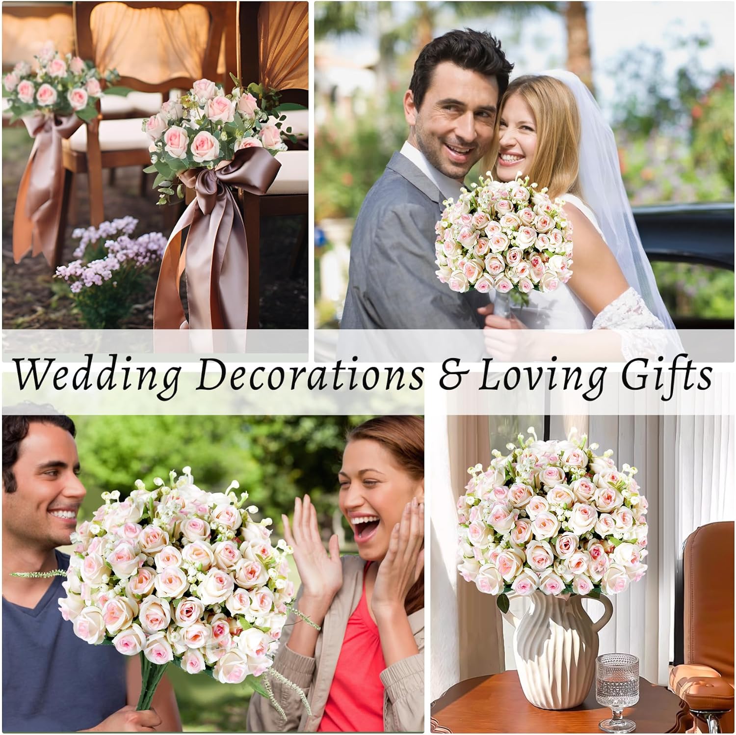 6-Pack Champagne Silk Rose Bouquets, 60 Roses Artificial Flowers Heads with Faux Baby's Breath Stems Leaves, Fake Roses for Wedding Bouquets, Centerpieces & Home Table Décor - Image 6