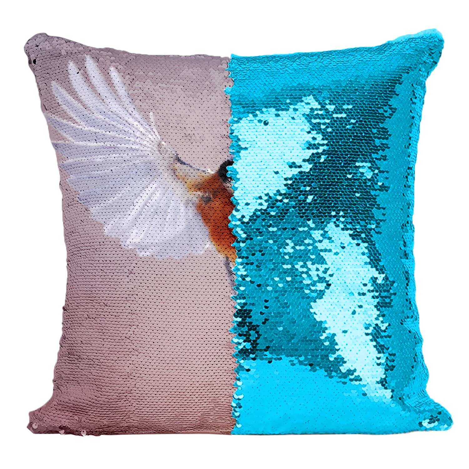 Paillettes turquoise magnifique oiseau coussin housse deco elegante