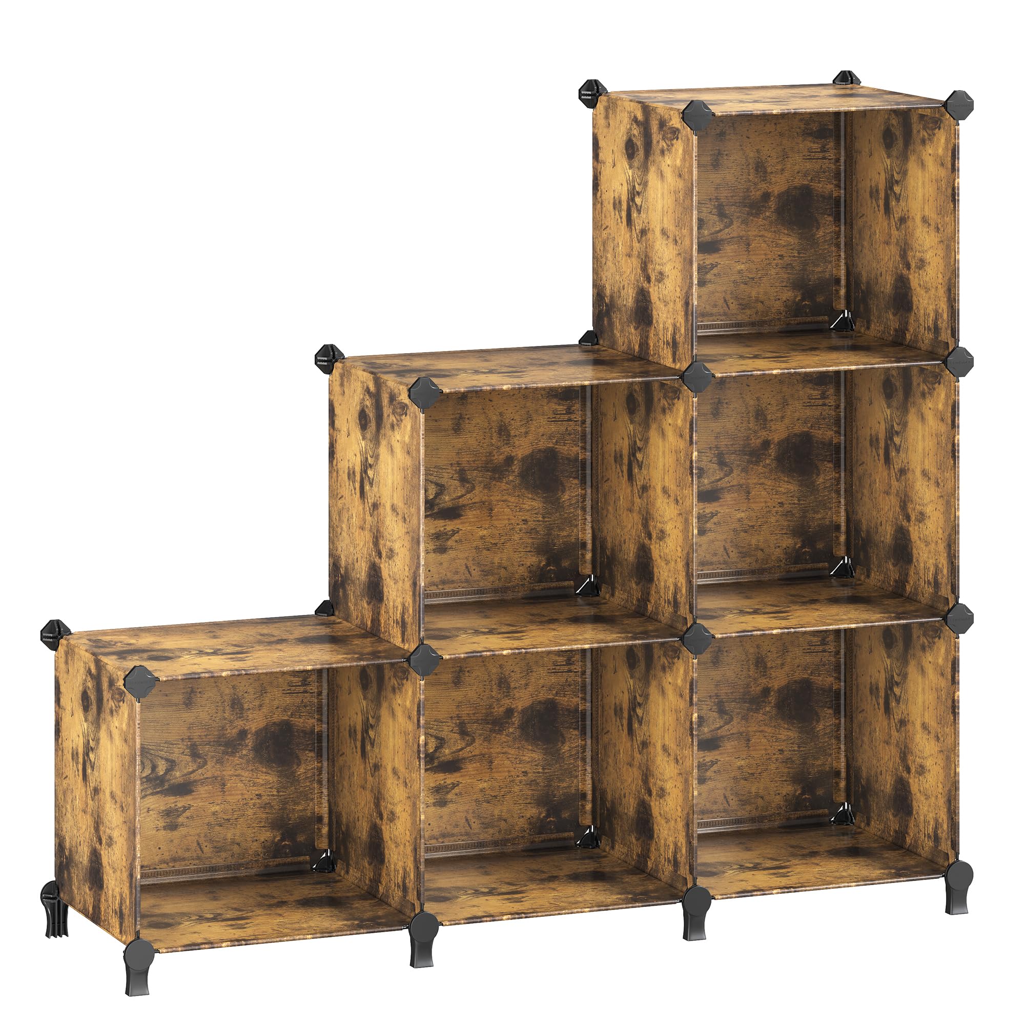 SONGMICS 6 Cube Storage Organizer, Modular Bookshelf, DIY Closet Organizers and Storage, Plastic Stackable Shelves, 14.6 x 13 x 13 Inch Cubes, with Feet and Rubber Mallet, Rustic Brown ULPC206A01