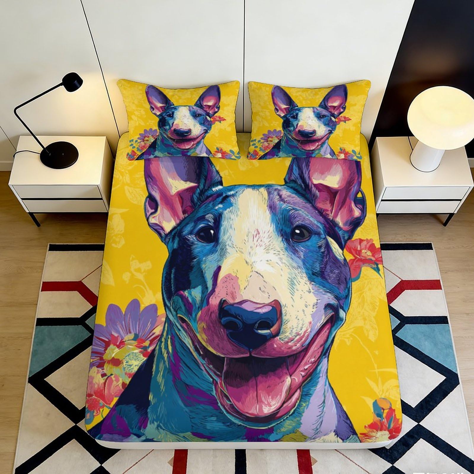 Dhbaneiok Style-1 3D Printed Colorful Bull Terrier Fitted Sheet Microfiber Artistic Dog Bed Cover For Bedroom Dorm Mattress Protection Decor 90X200x25cm