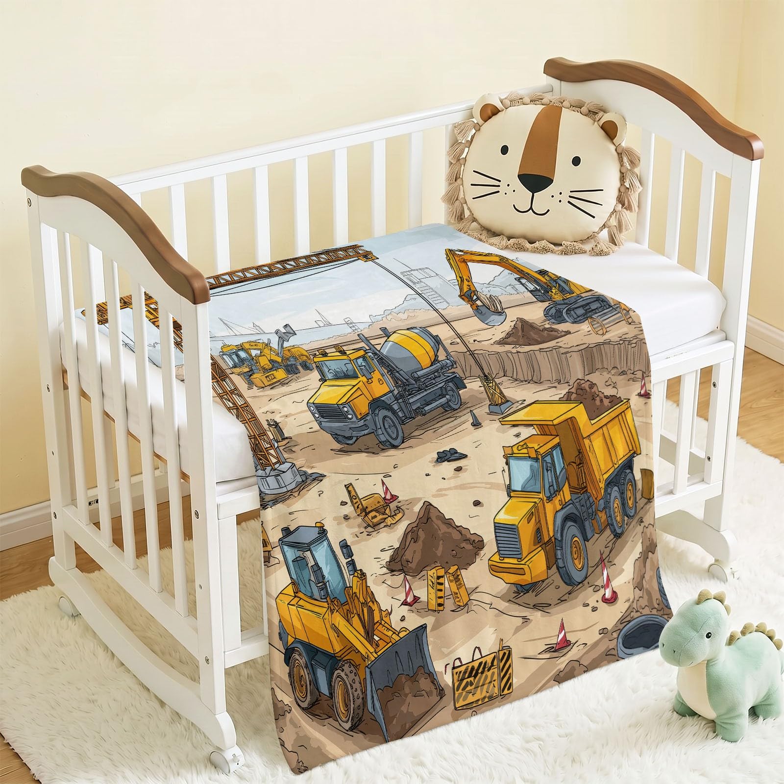 Weich Flauschig Kuscheldecke 180x200 cm, Cartoon Baustelle Warme Flanell Fleecedecke, Baumaschinen Fahrzeuge Motiv Kuschelig Decken als Sofadecke Tagesdecke Wohndecke, Braun