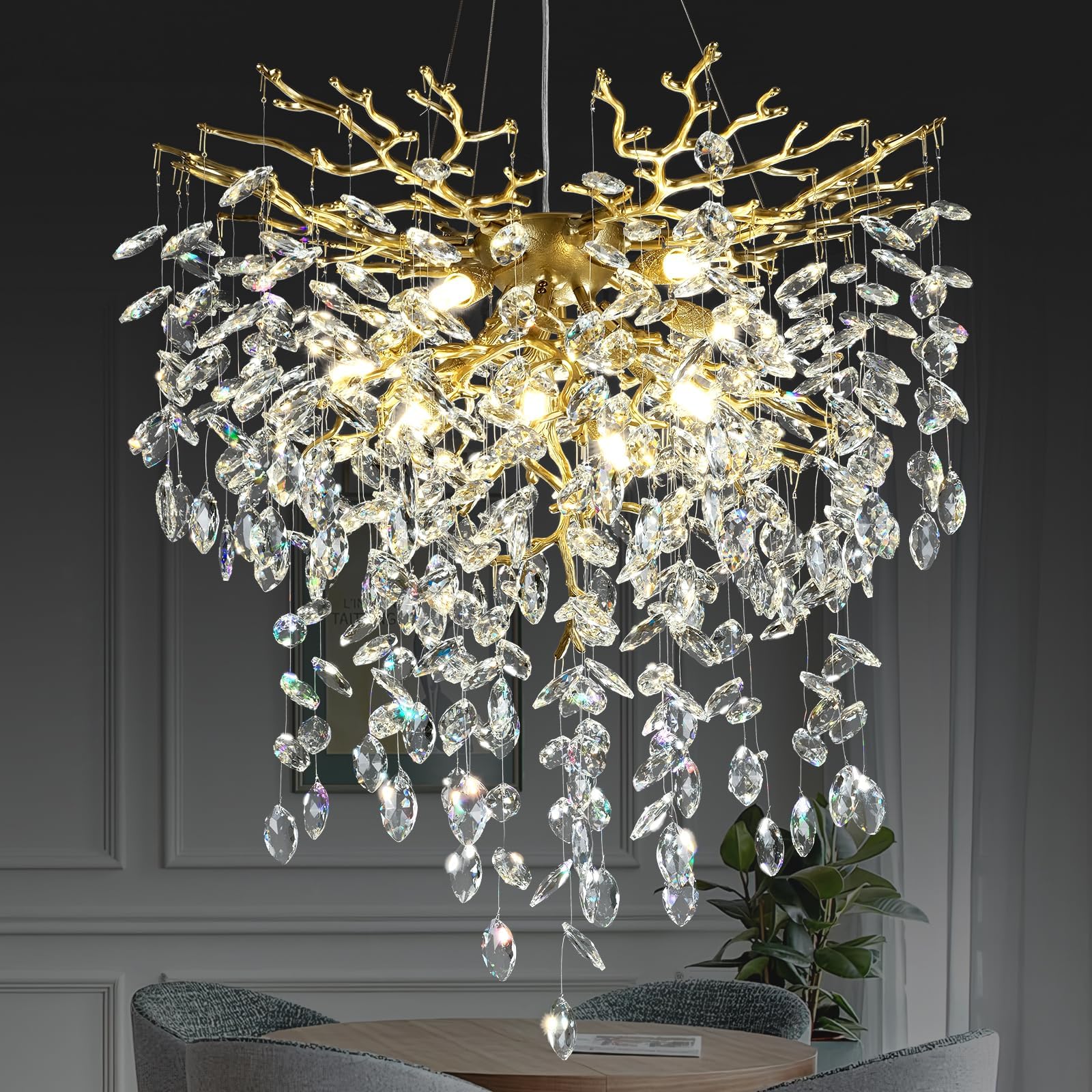 HJCKJSMEOU 32 inch Crystal Chandelier for Dining Room, Round Gold Tree Branches Chandeliers, Top K9 Modern Kitchen,Foyer Entryway,Luxury Adjustable Hanging Chandeliers