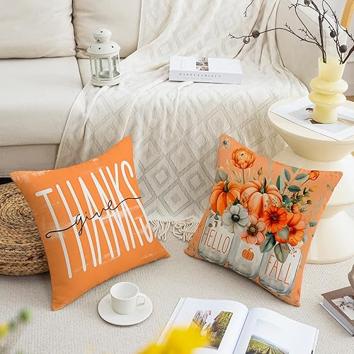 Miniatura 81 de Juego de 4 fundas de almohada de calabaza de otoño de 18 x 18 pulgadas, decoración de otoño, a rayas, para Acción de Gracias, casa de campo, 18 x 18