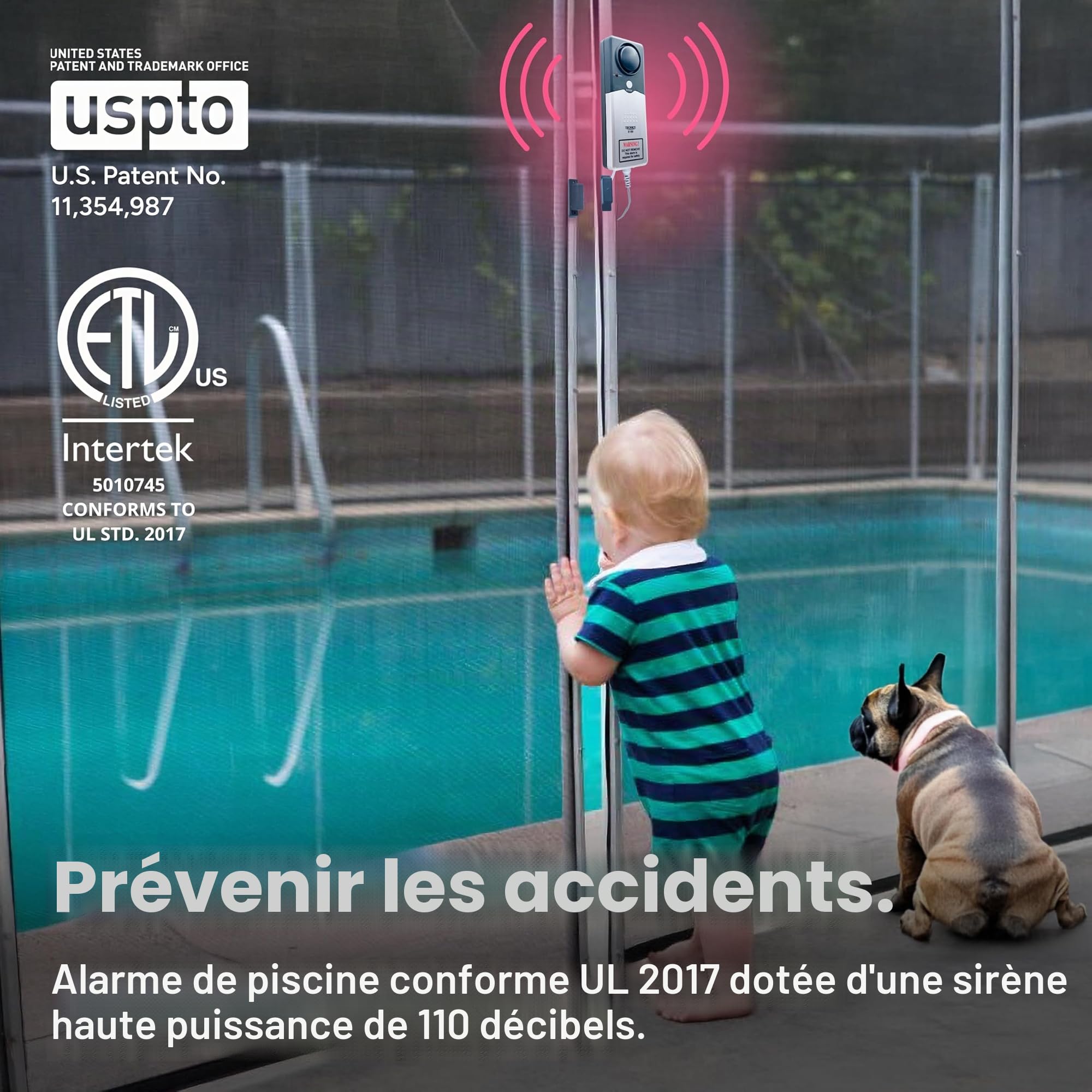 Techko S189 Alarme de piscine ultra fine et sûre pour enfants, conforme à la norme ETL UL 2017, résistante aux intempéries, alarme puissante de 110 dB avec 2 boutons de dérivation, gris, 1 pièce