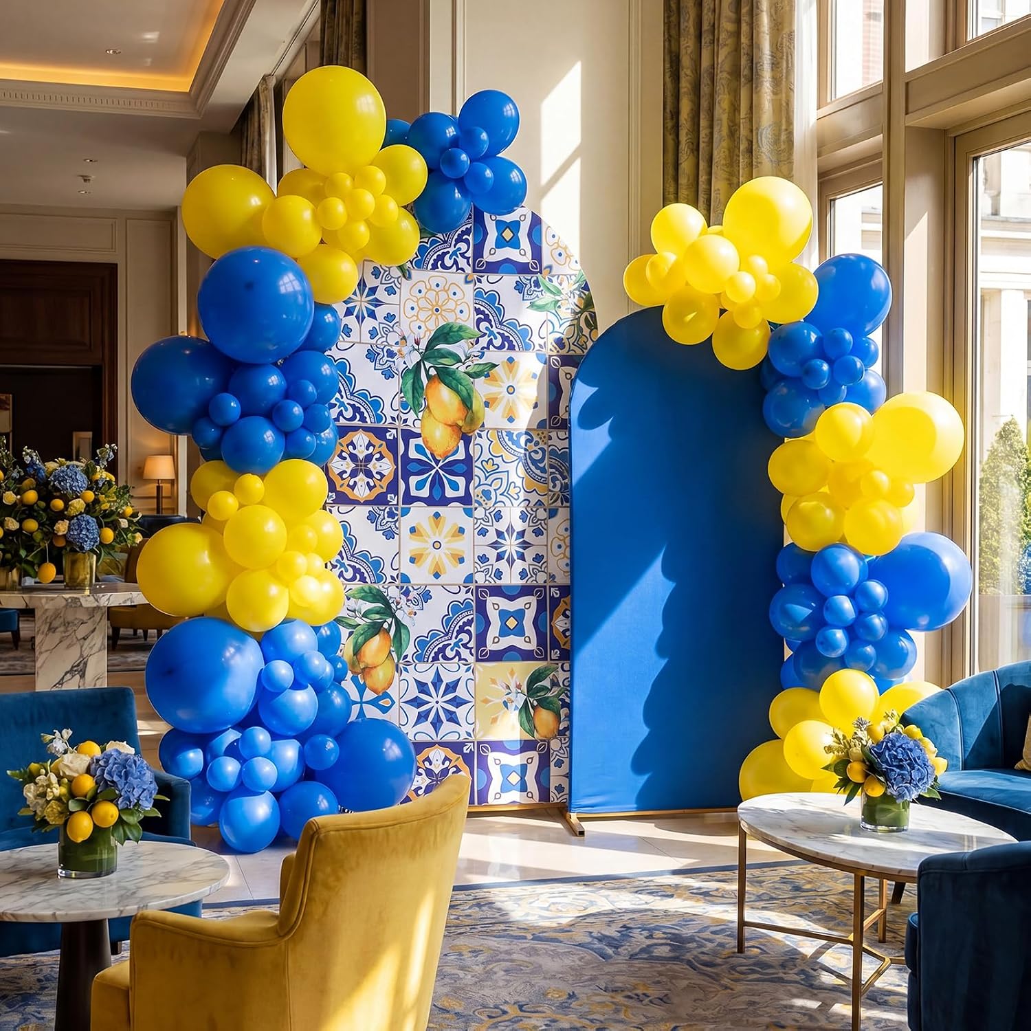 Leinuosen Set of 2 Mediterranean Lemon Arch Backdrop Blue Lemon Arch Backdrop Italian Coastal Wedding Background 5 ft and 6 ft Arched Stand Covers for Bridal Events Birthday Photo Booth