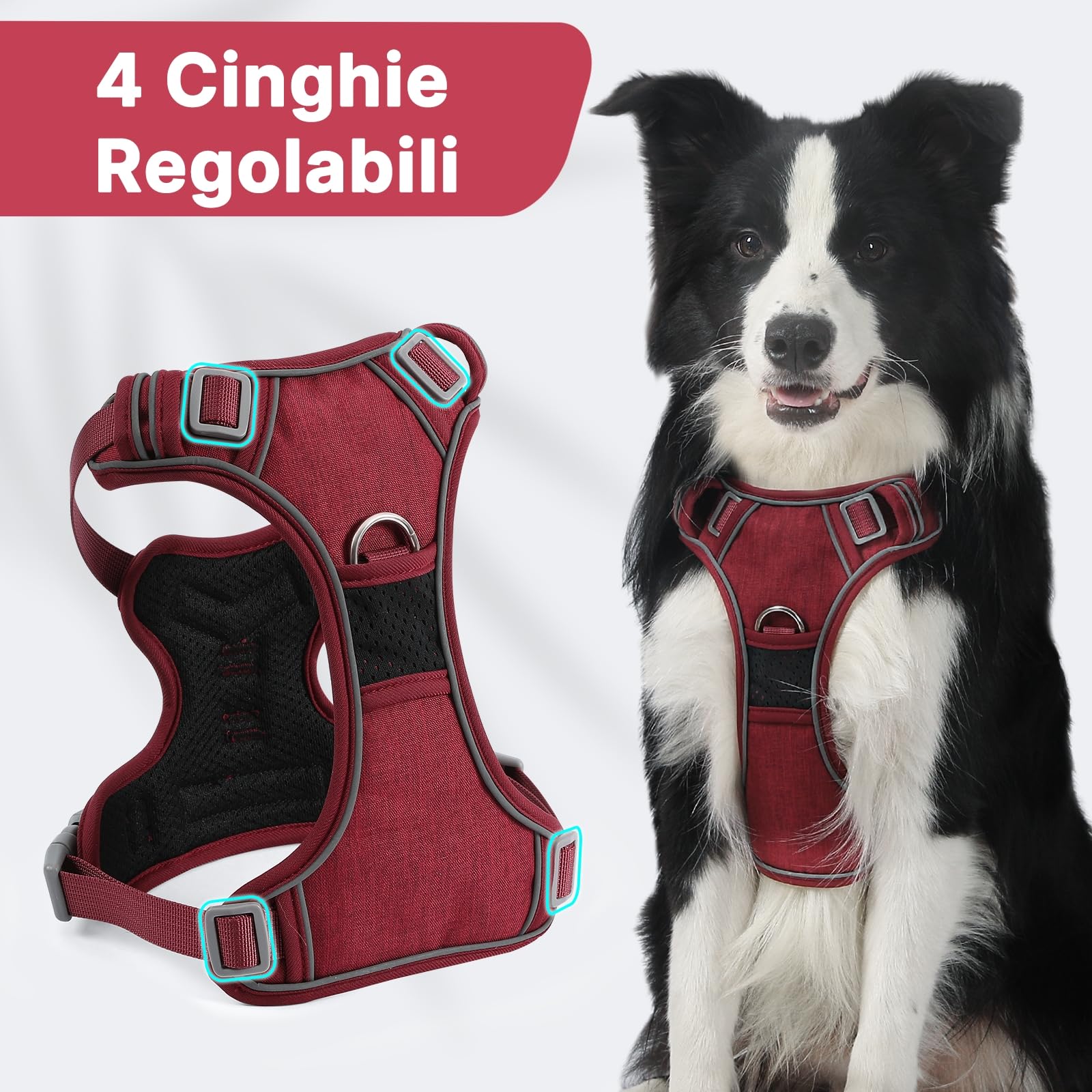 COMSLE Pettorina Cane Taglia Grande Media Piccola, Pettorina Cane ad h Riflettente, Pettorina Anti Tiro per Cani Regolabile con Doppio Anello, Imbracatura Cani Traspirante, Rosso, XL